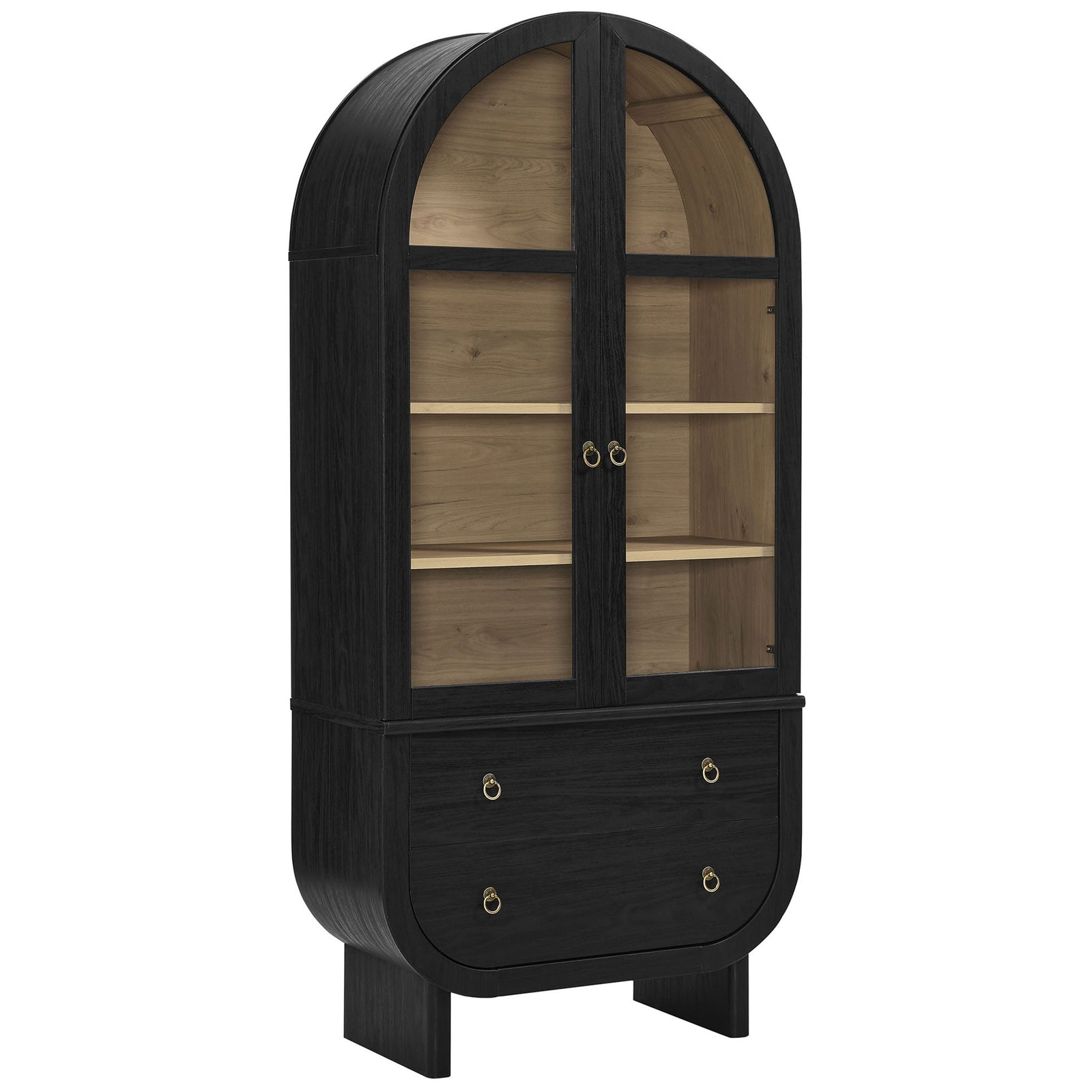 Black arched display cabinet showcasing light oak interior shelves and brass ring pull hardware || EEI-7216-BLK-LOA || front_angle_studio