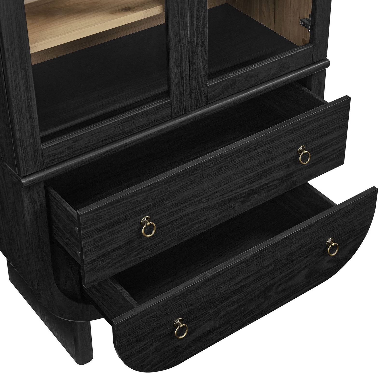 Full extension drawers with brass ring pulls provide concealed storage beneath the display shelves || EEI-7216-BLK-LOA || storage_open_studio