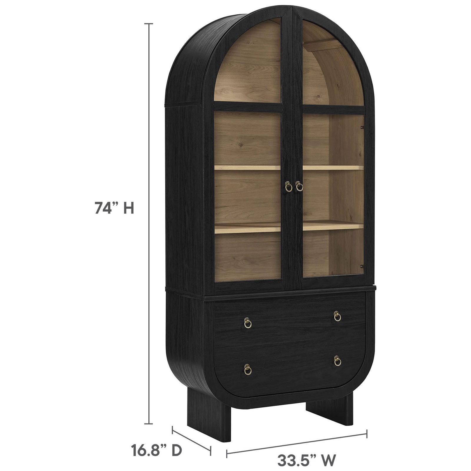 Dimensional outline of Nyx arched display cabinet showing height, width, and depth measurements || EEI-7216-BLK-LOA || dimension_studio