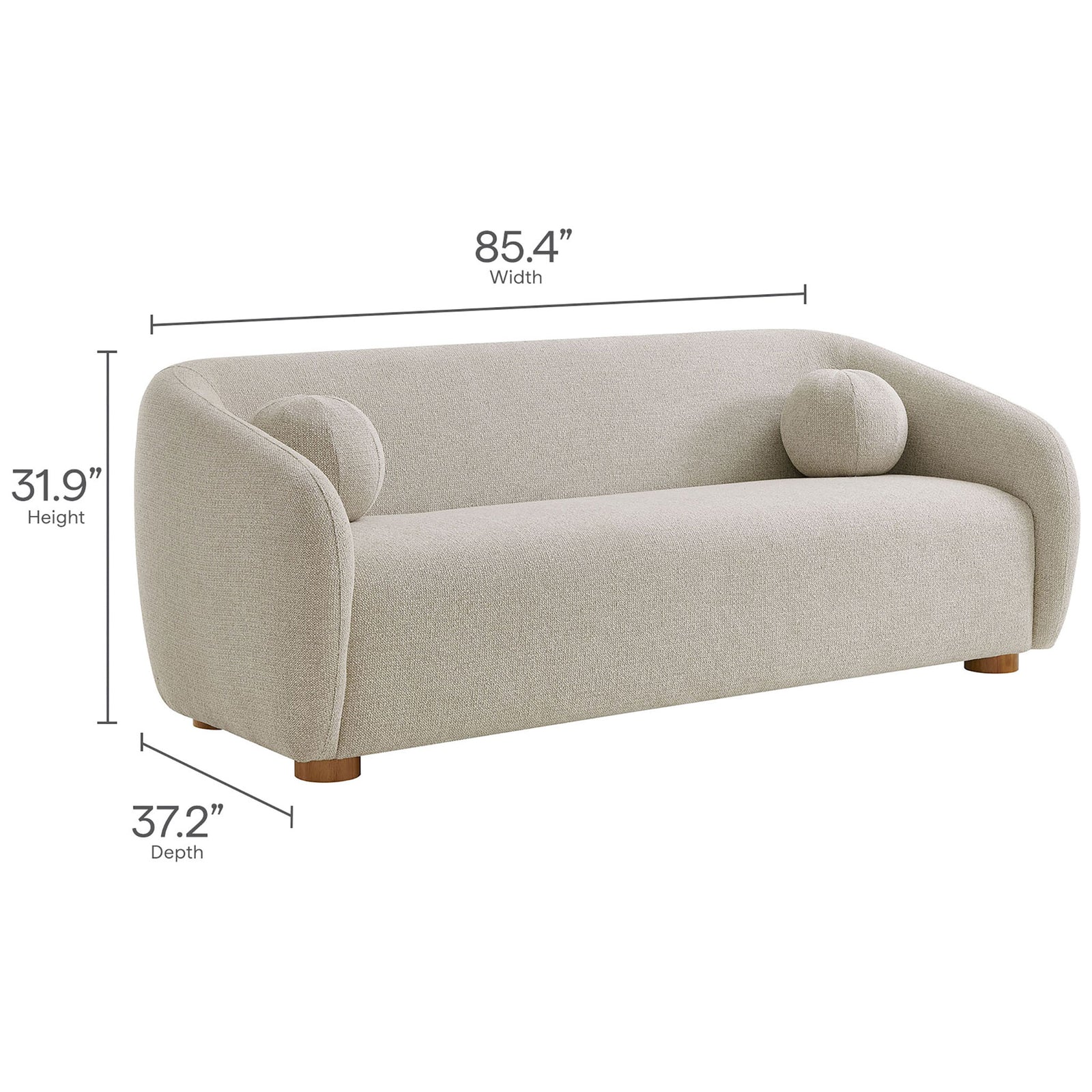 Dimension overview of the curved Holland sofa showcasing generous width, depth, and lounge-ready seat || EEI-7217-DOV || dimension_studio