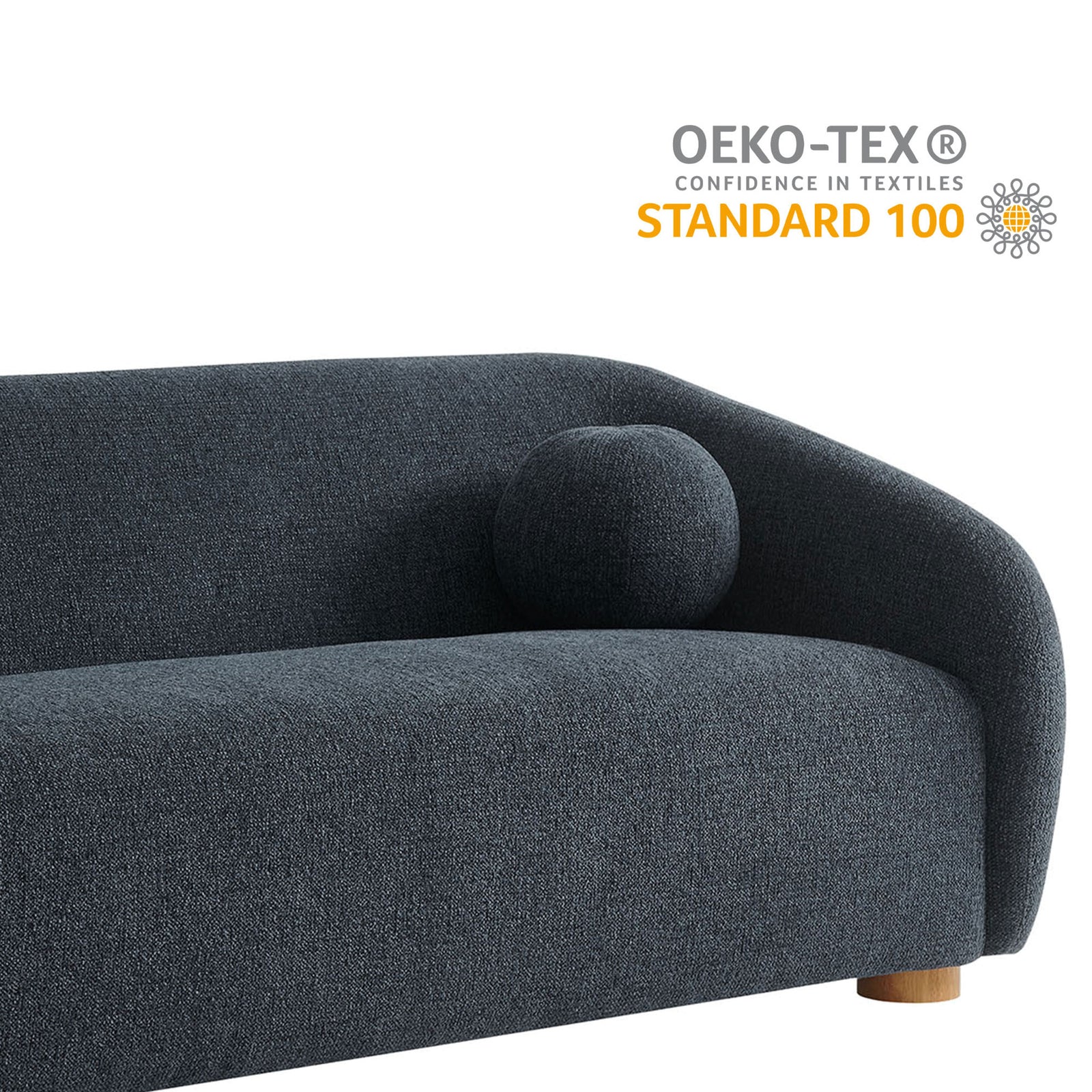 Holland navy sofa fabric detail alongside OEKO-TEX Standard 100 certification graphic. || EEI-7217-NAV || callout_studio