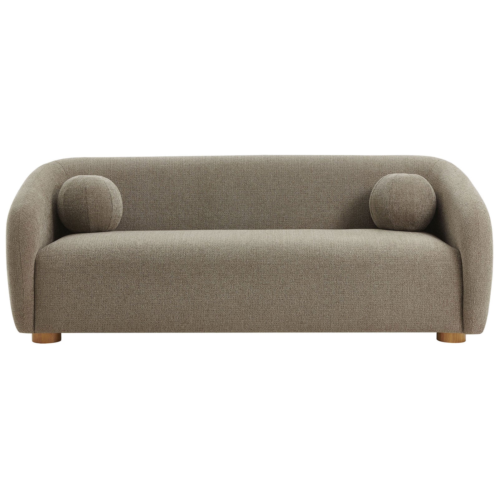 Taupe chenille curved sofa with rounded arms and cozy ball accent pillows on wood bun feet || EEI-7217-TAU || front_studio