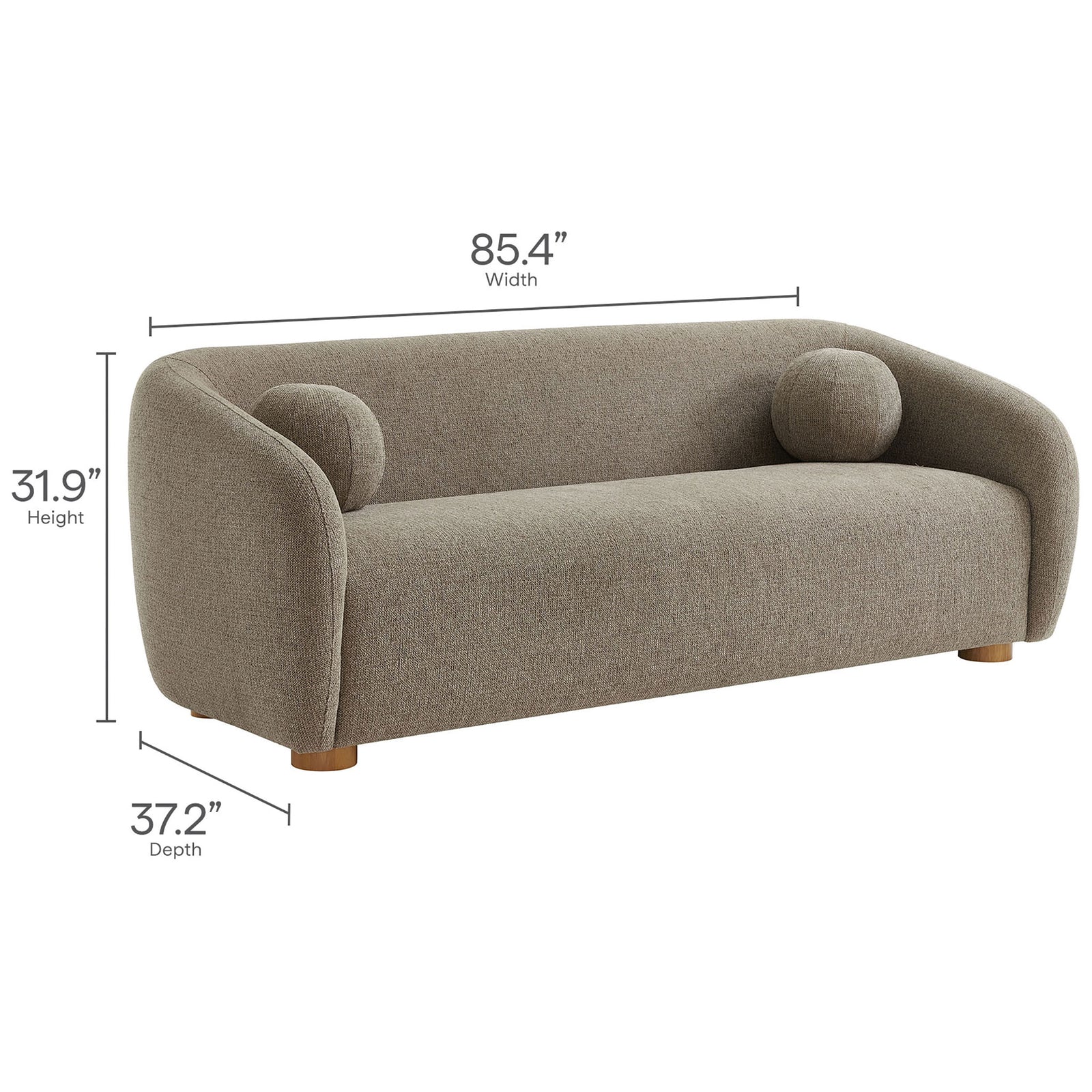 Measurements label the curved sofa's overall width, height, and depth on a clean background || EEI-7217-TAU || dimension_studio