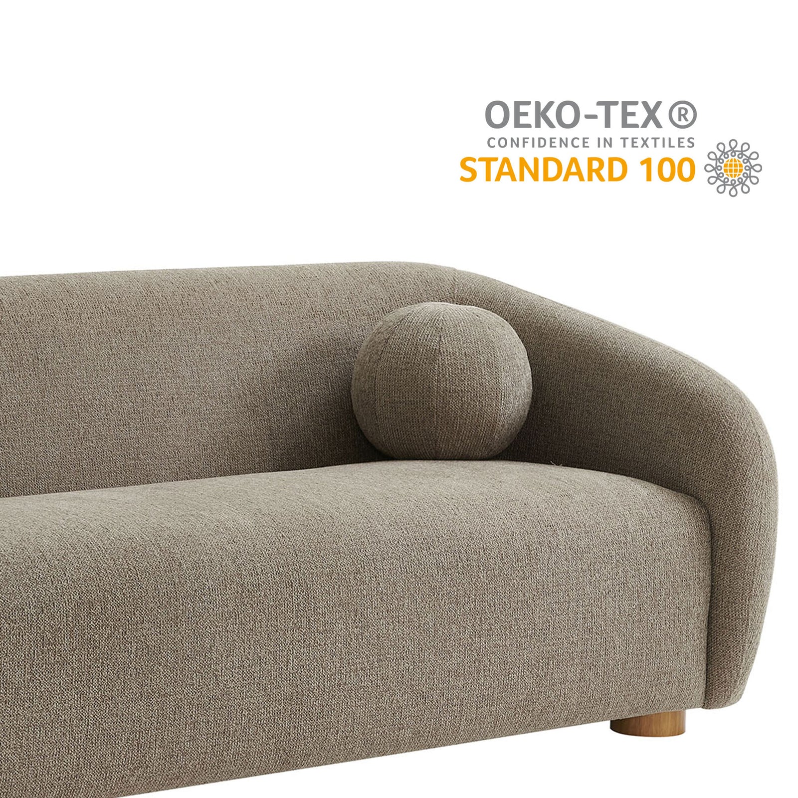 OEKO TEX Standard 100 badge appears beside the sofa arm and ball pillow in taupe chenille fabric || EEI-7217-TAU || callout_studio