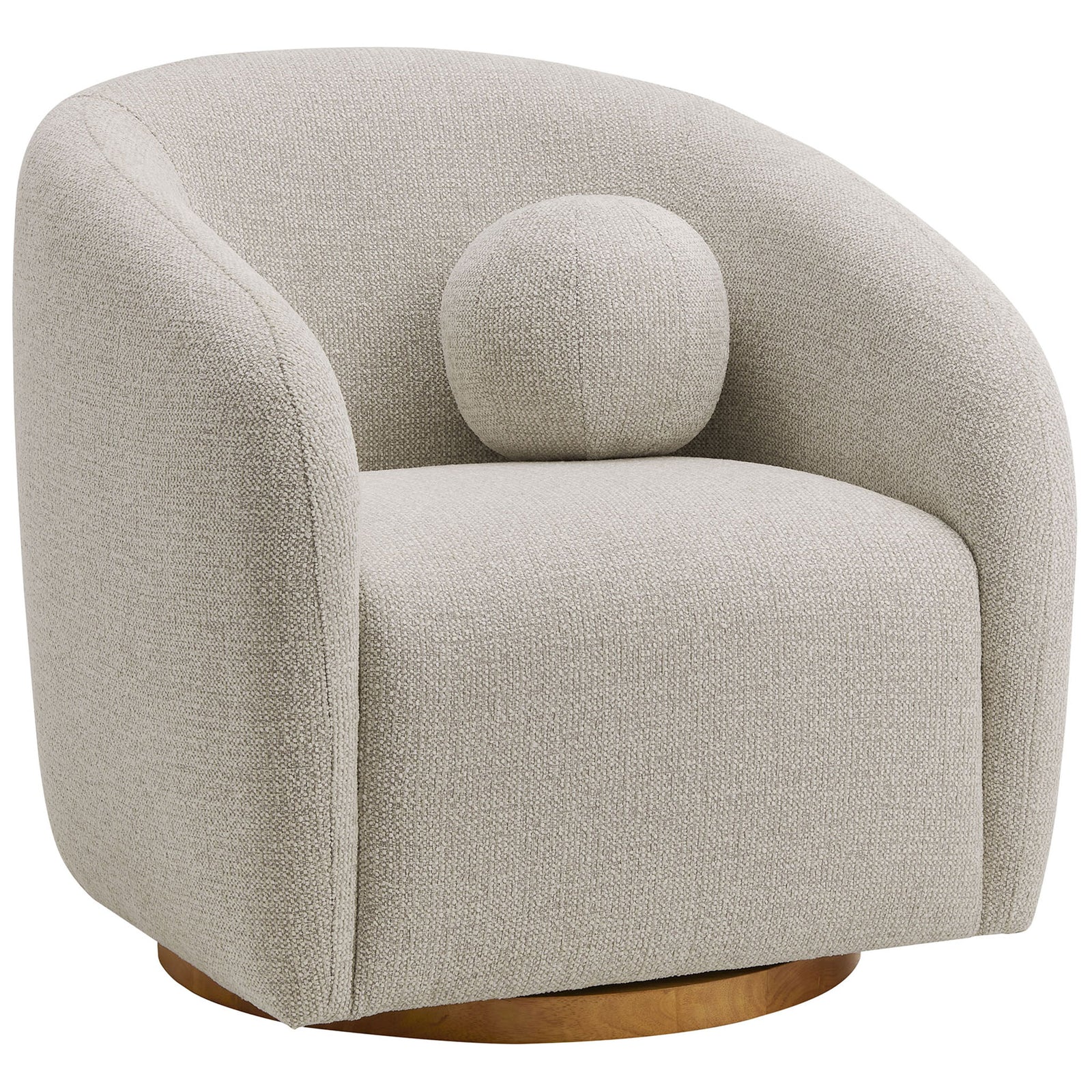 Modern barrel armchair in textured dove gray with rounded arms, smooth swivel base, and playful ball cushion. || EEI-7218-DOV || front_angle_studio