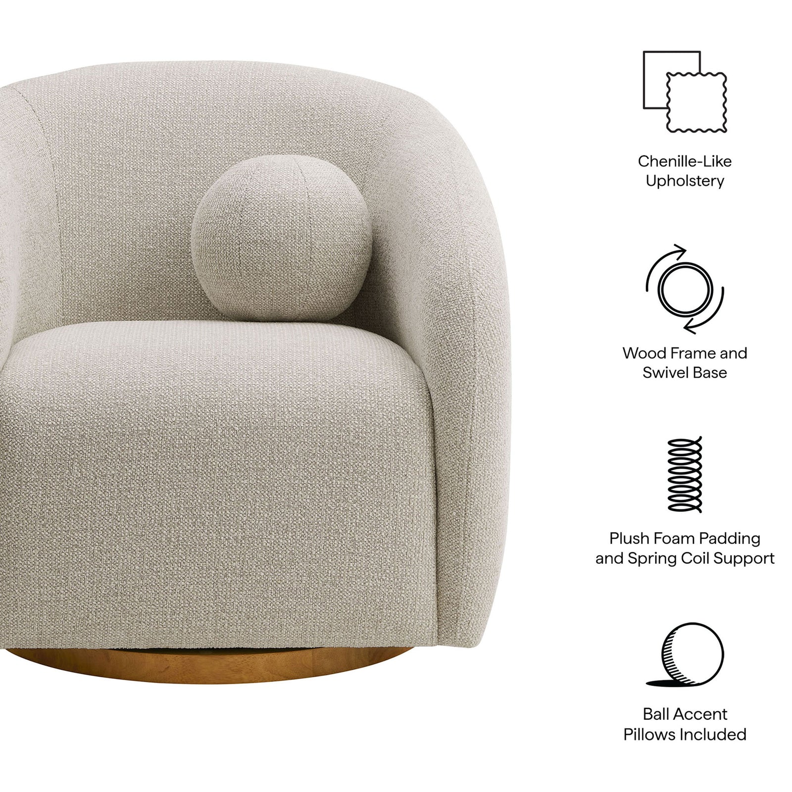 Chenille upholstery, wood swivel base, plush support, and ball pillow highlighted with simple feature icons. || EEI-7218-DOV || callout_studio