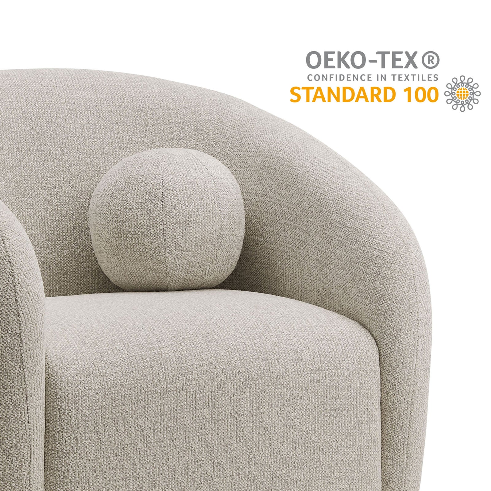 OEKO-TEX Standard 100 certified upholstery elevates this cozy, curved armchair with safer, quality materials. || EEI-7218-DOV || callout_studio
