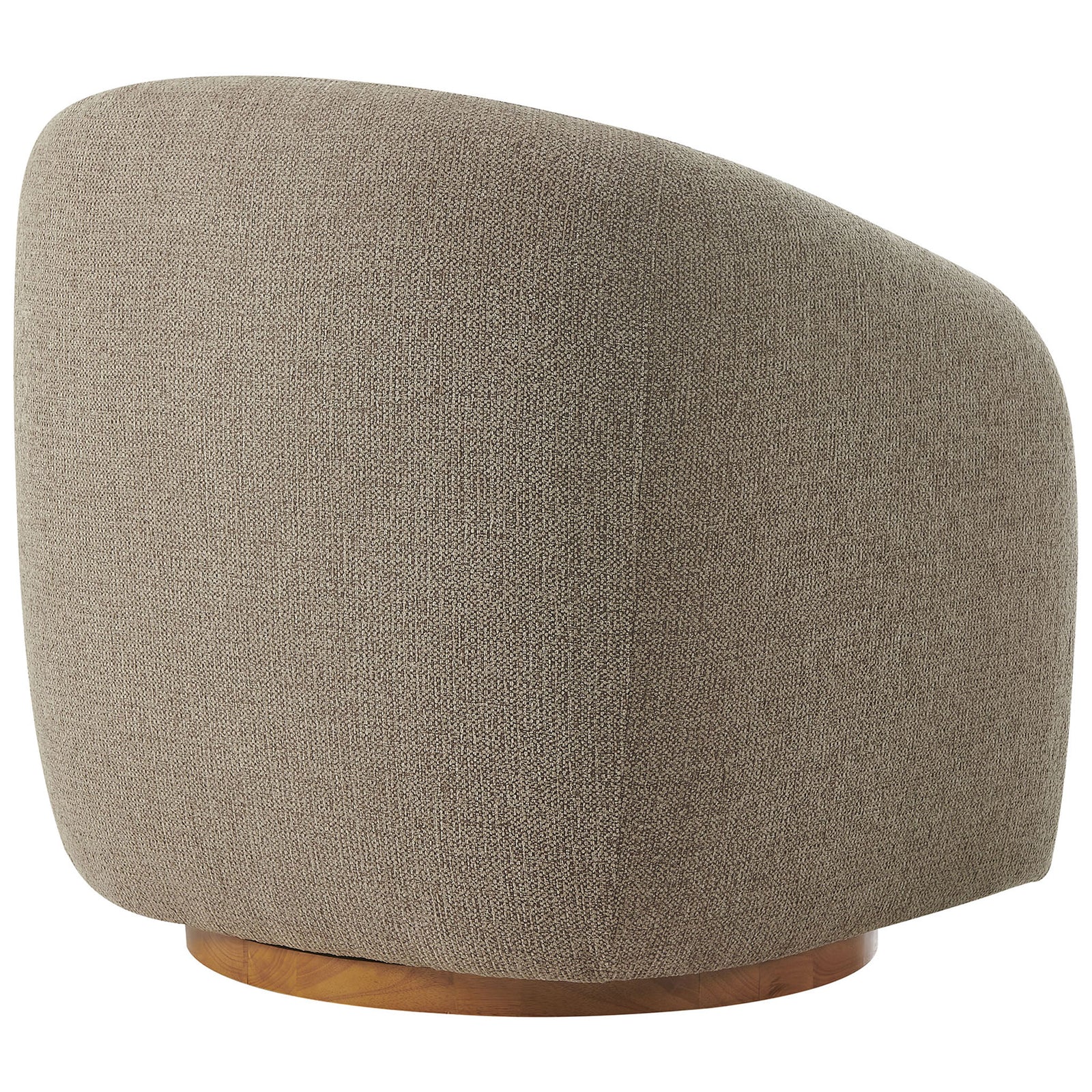 Seamless rounded back and textured chenille-like upholstery atop a warm wood swivel base || EEI-7218-TAU || back_angle_studio