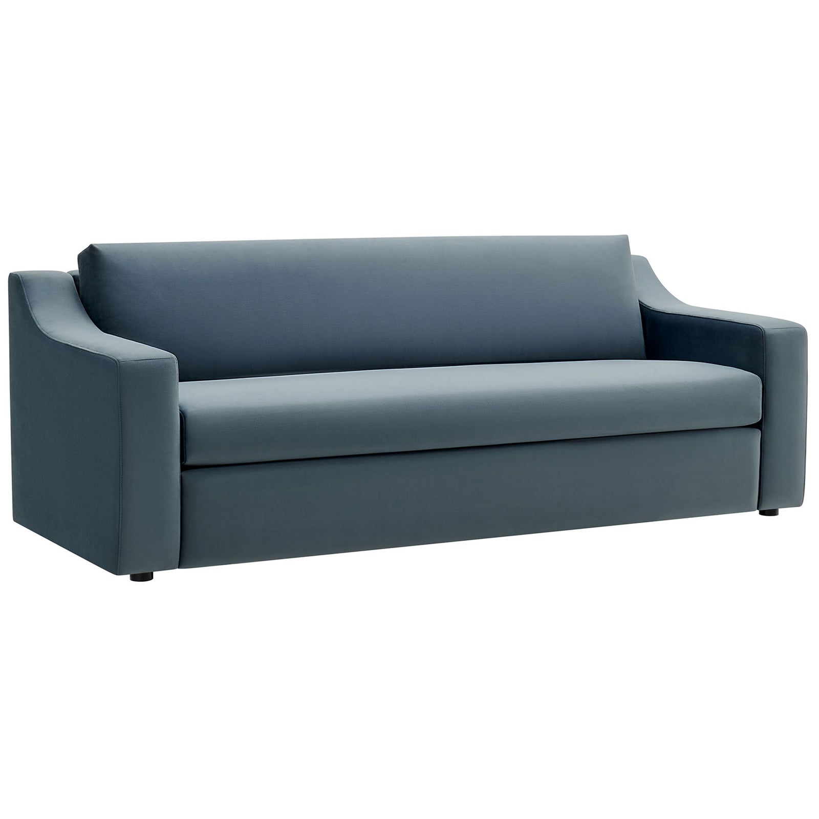 Modern cadet blue velvet sofa with low profile design and recessed legs for a floating look || EEI-7219-CAB || front_angle_studio
