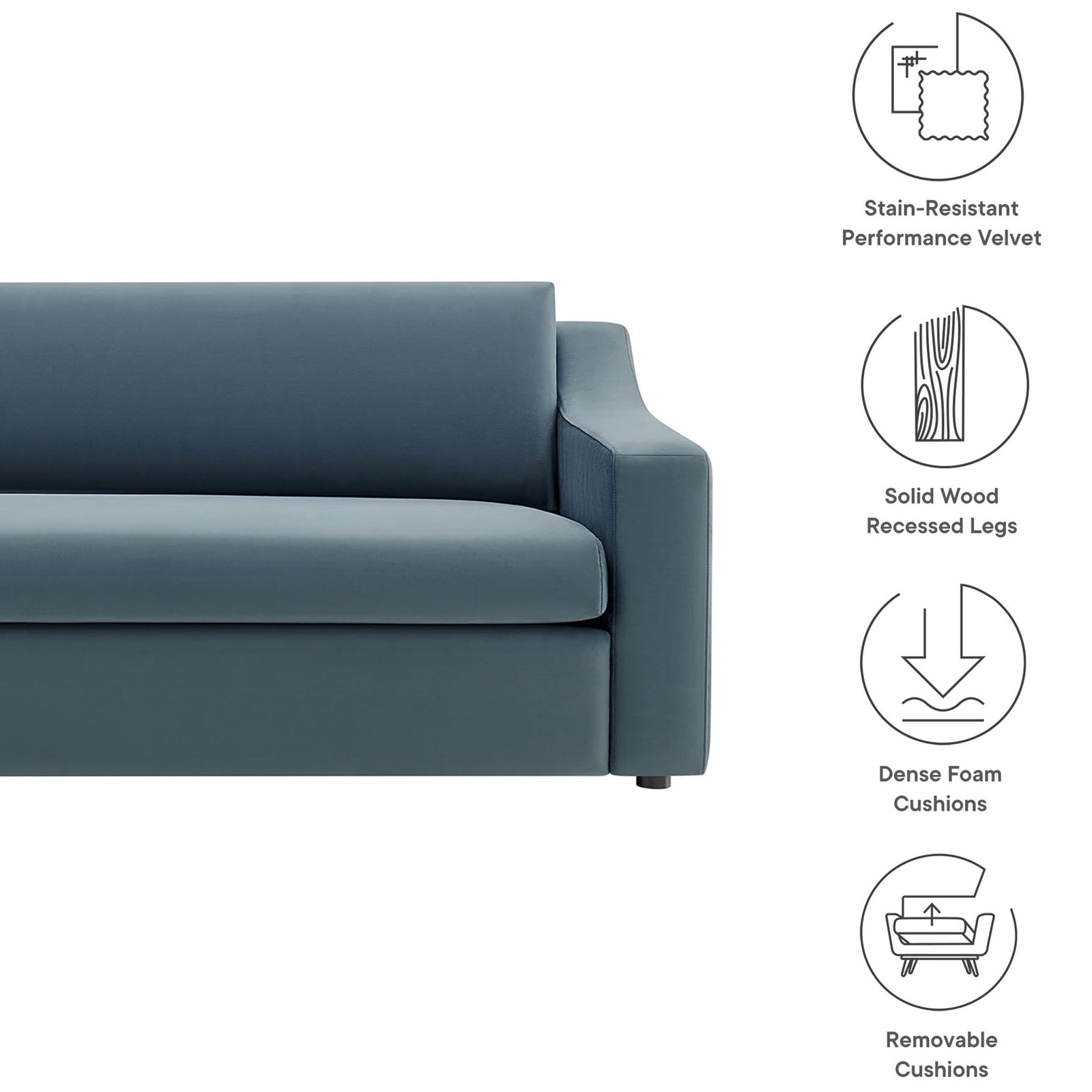 Cadet blue velvet sofa with stain-resistant fabric, dense foam cushions, recessed legs and removable cushions || EEI-7219-CAB || callout_studio