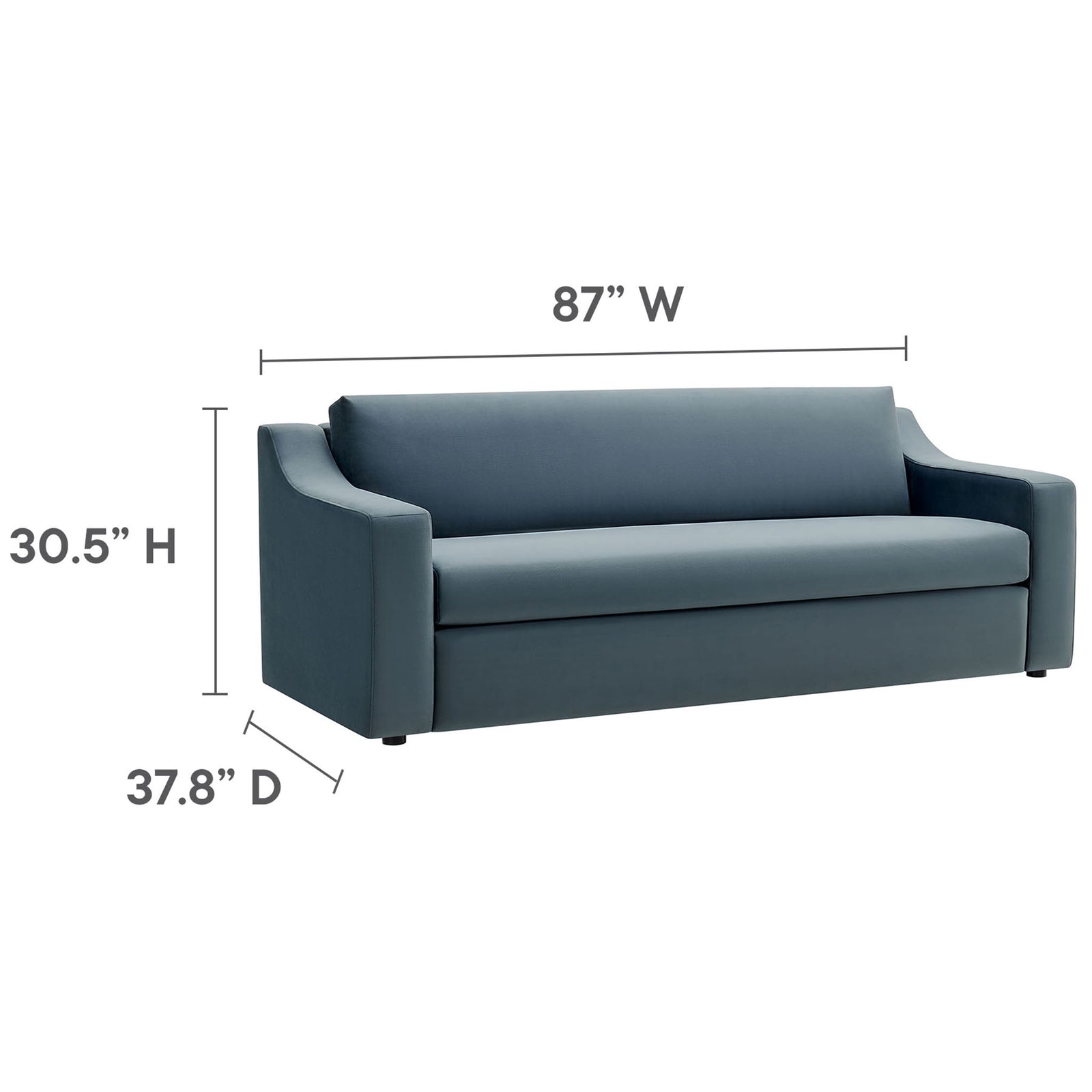 Cadet blue velvet sofa with sloped arms and overall dimensions 87 W x 37.8 D x 30.5 H inches || EEI-7219-CAB || dimension_studio