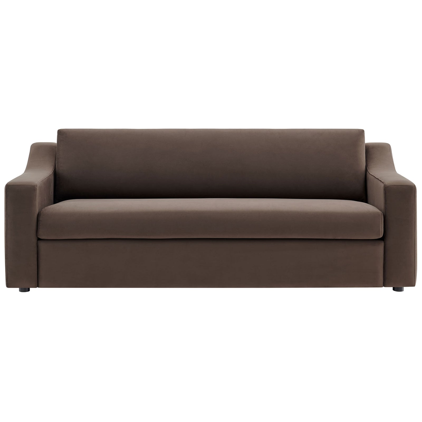 Three seat chocolate brown performance velvet sofa with plush cushions and low-profile arms || EEI-7219-CHB || front_studio