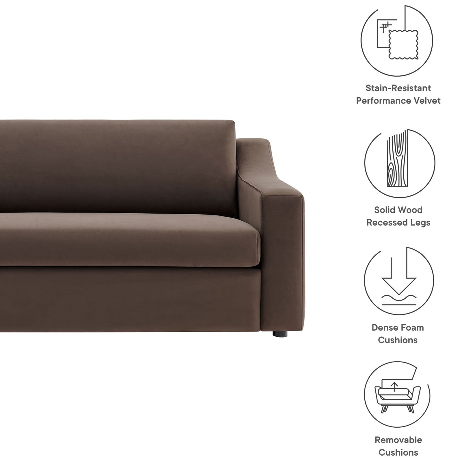 Feature icons highlighting stain-resistant velvet, dense foam cushions, and solid wood recessed legs || EEI-7219-CHB || callout_studio