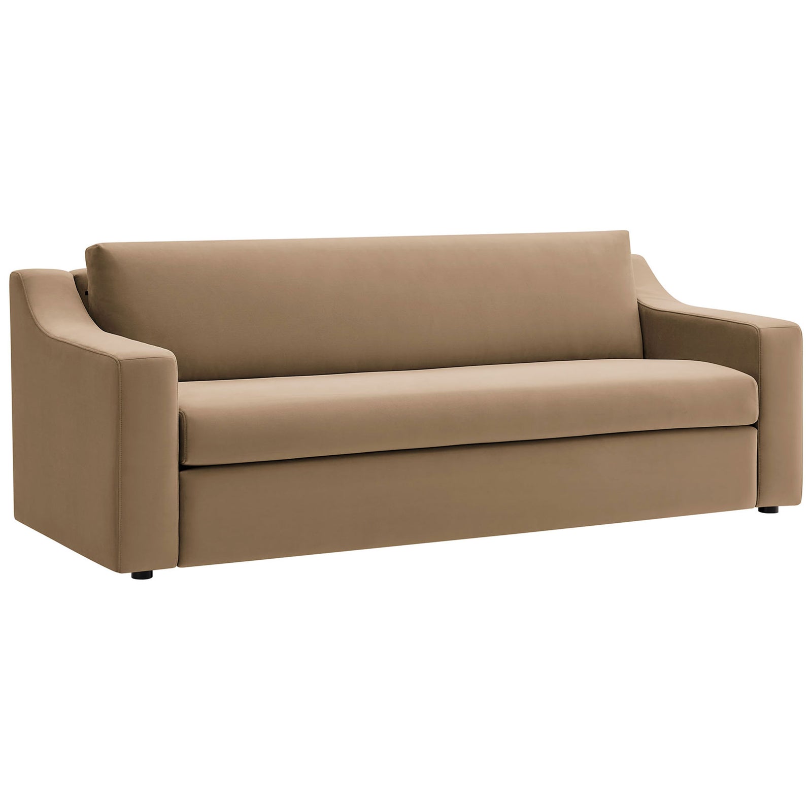 Taupe performance velvet sofa with deep seat and gently sloped track arms for relaxed lounging. || EEI-7219-TAU || front_angle_studio