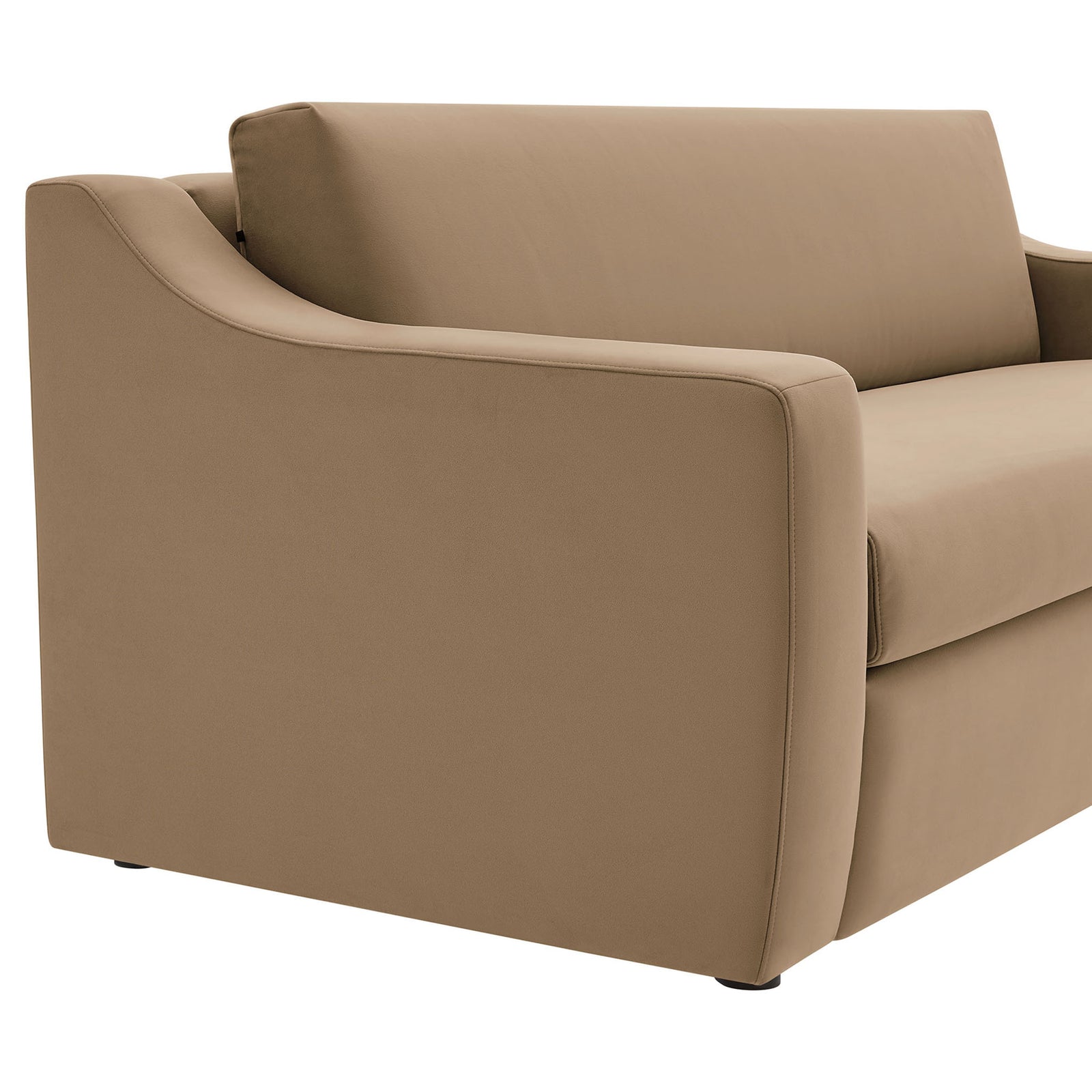 Sloped arm and smooth performance velvet upholstery for a soft, inviting touch on the Liora sofa. || EEI-7219-TAU || detail_studio