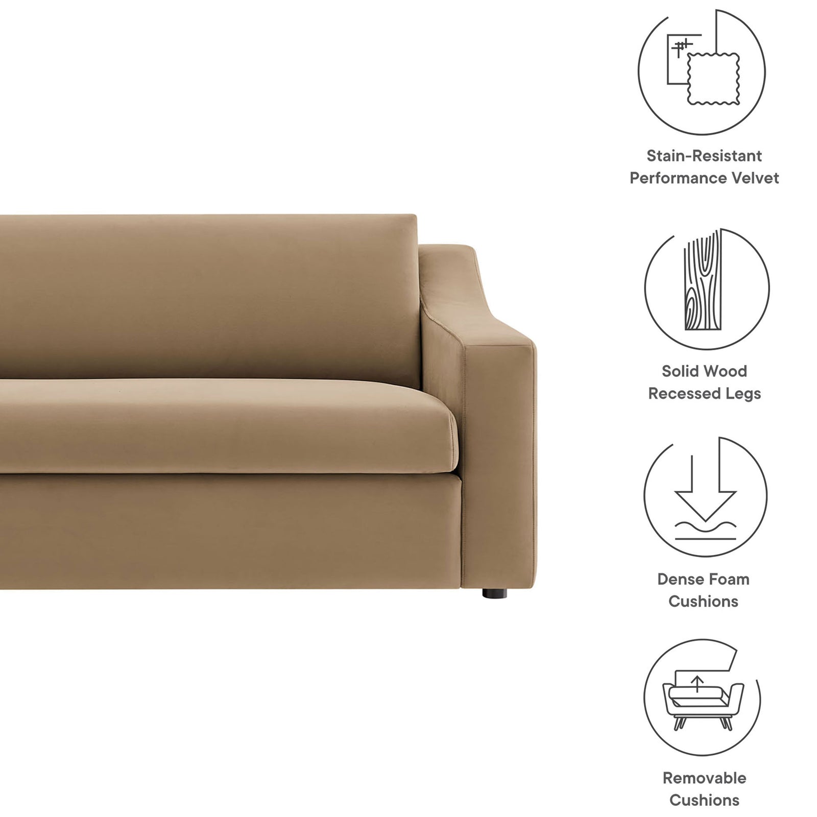 Liora performance velvet sofa with stain resistant fabric, recessed wood legs, dense foam, and removable cushions. || EEI-7219-TAU || callout_studio