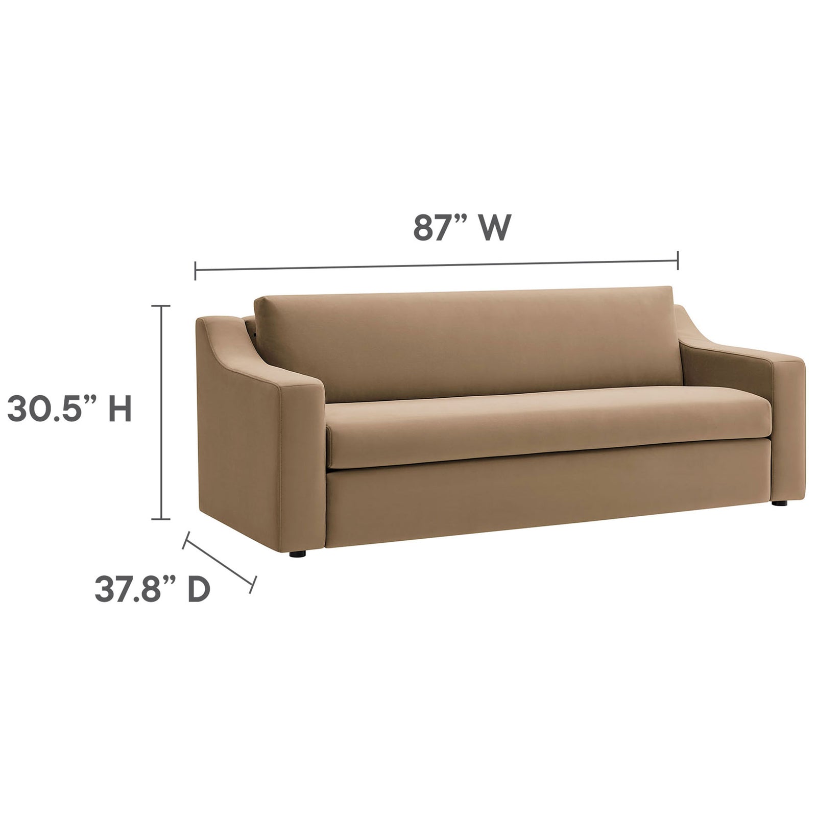 Dimensions of the Liora taupe performance velvet sofa, sized for spacious, comfortable three seat lounging. || EEI-7219-TAU || dimension_studio