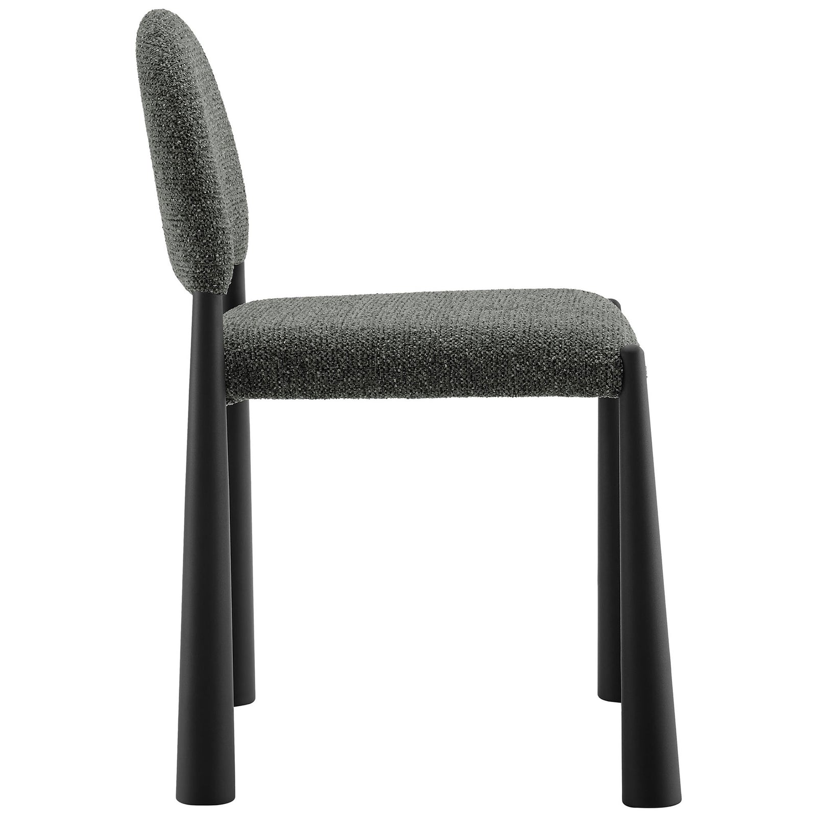 Slim boucle dining chair in black anthracite with rounded backrest and strong tubular metal legs. || EEI-7220-BLK-ANT || side_studio