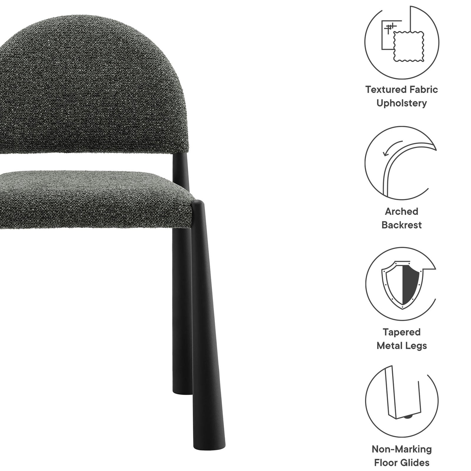 Highlights textured upholstery, arched backrest, tapered legs, and non-marking glides of the dining chair. || EEI-7220-BLK-ANT || callout_studio