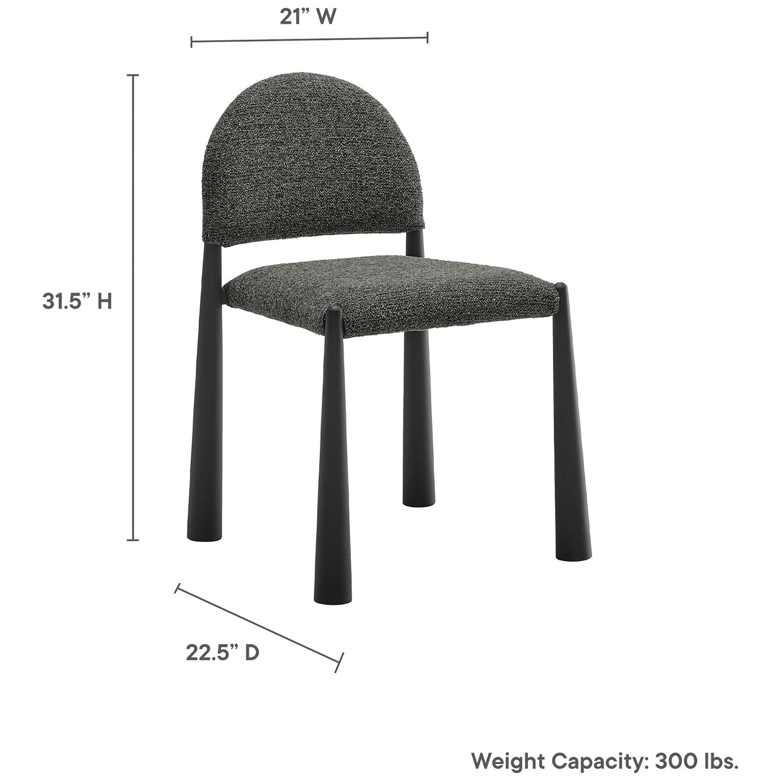 Dining chair with labeled height, width, depth dimensions and 300 lb weight capacity for easy planning. || EEI-7220-BLK-ANT || dimension_studio