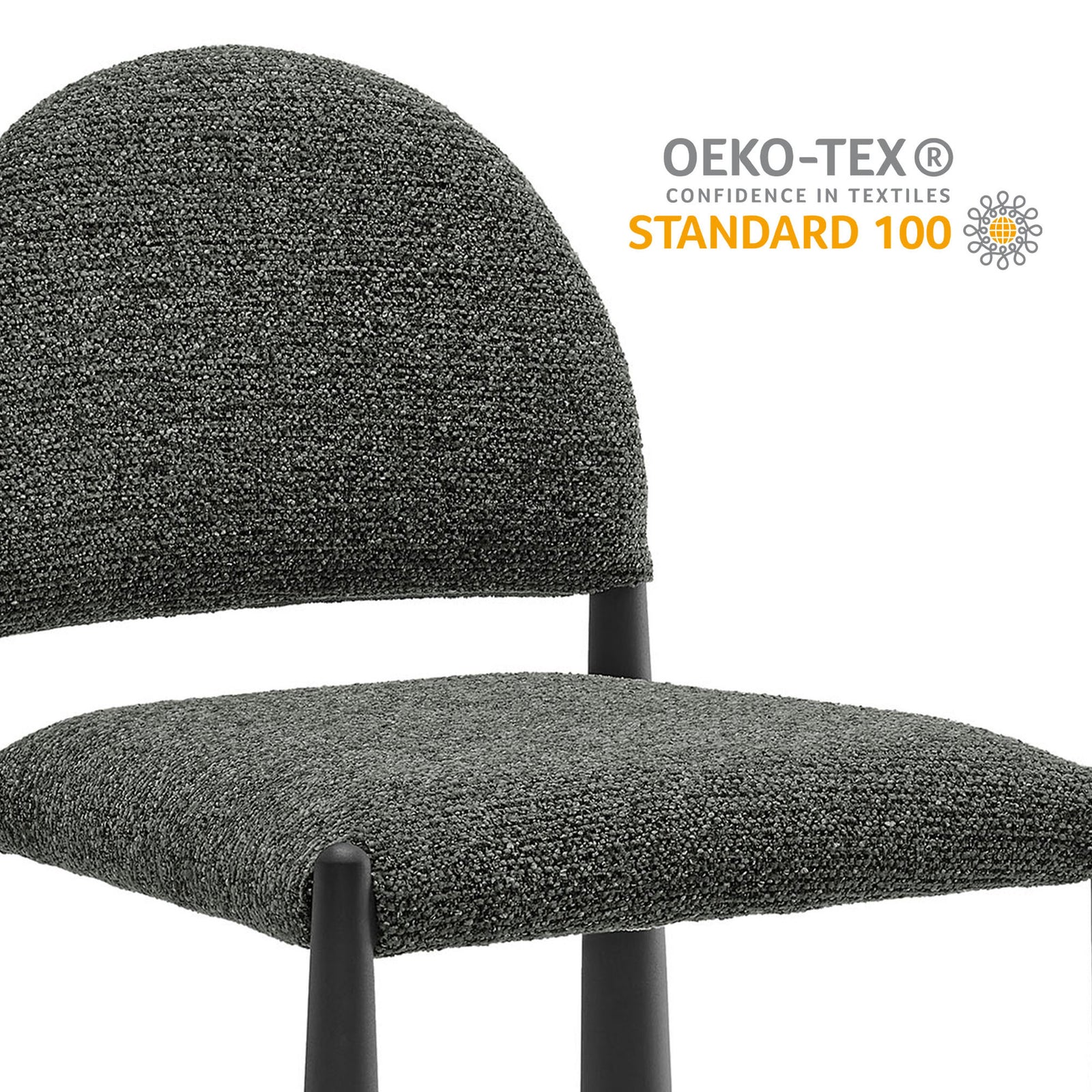 Black anthracite upholstered dining chair featuring OEKO-TEX Standard 100 certified fabric for peace of mind. || EEI-7220-BLK-ANT || callout_studio