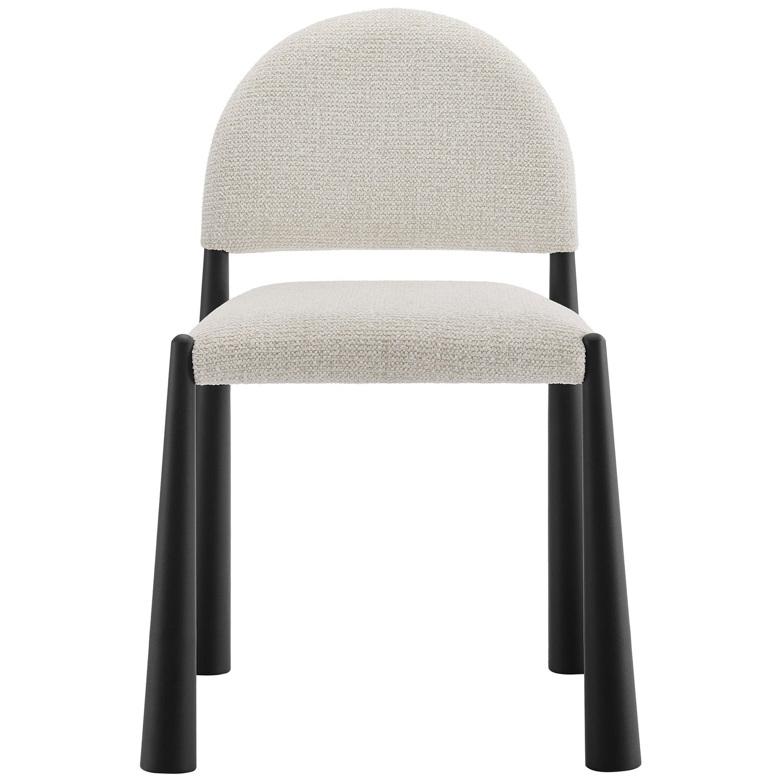 Cream boucle dining side chair with arched backrest and bold black tapered metal legs for modern spaces || EEI-7220-BLK-CRE || front_studio