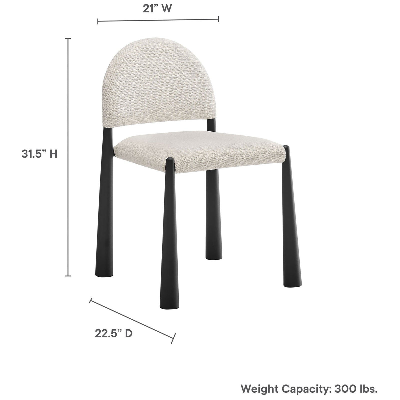 Dining chair dimensions shown as 31.5 inches high by 21 inches wide by 22.5 inches deep with 300 pound weight capacity || EEI-7220-BLK-CRE || dimension_studio