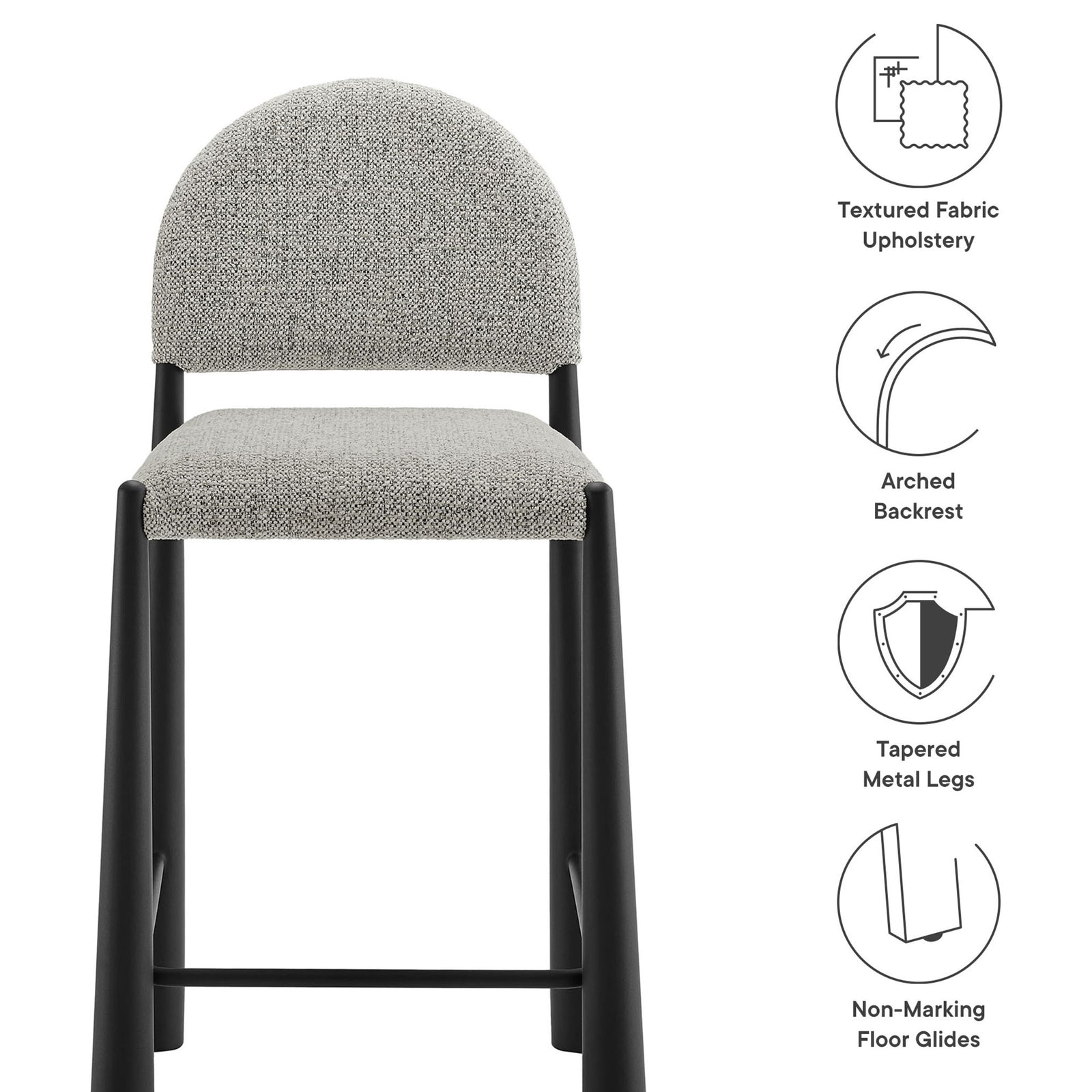Textured upholstery, arched backrest, and tapered legs with non-marking glides || EEI-7221-BLK-CAM || callout_studio