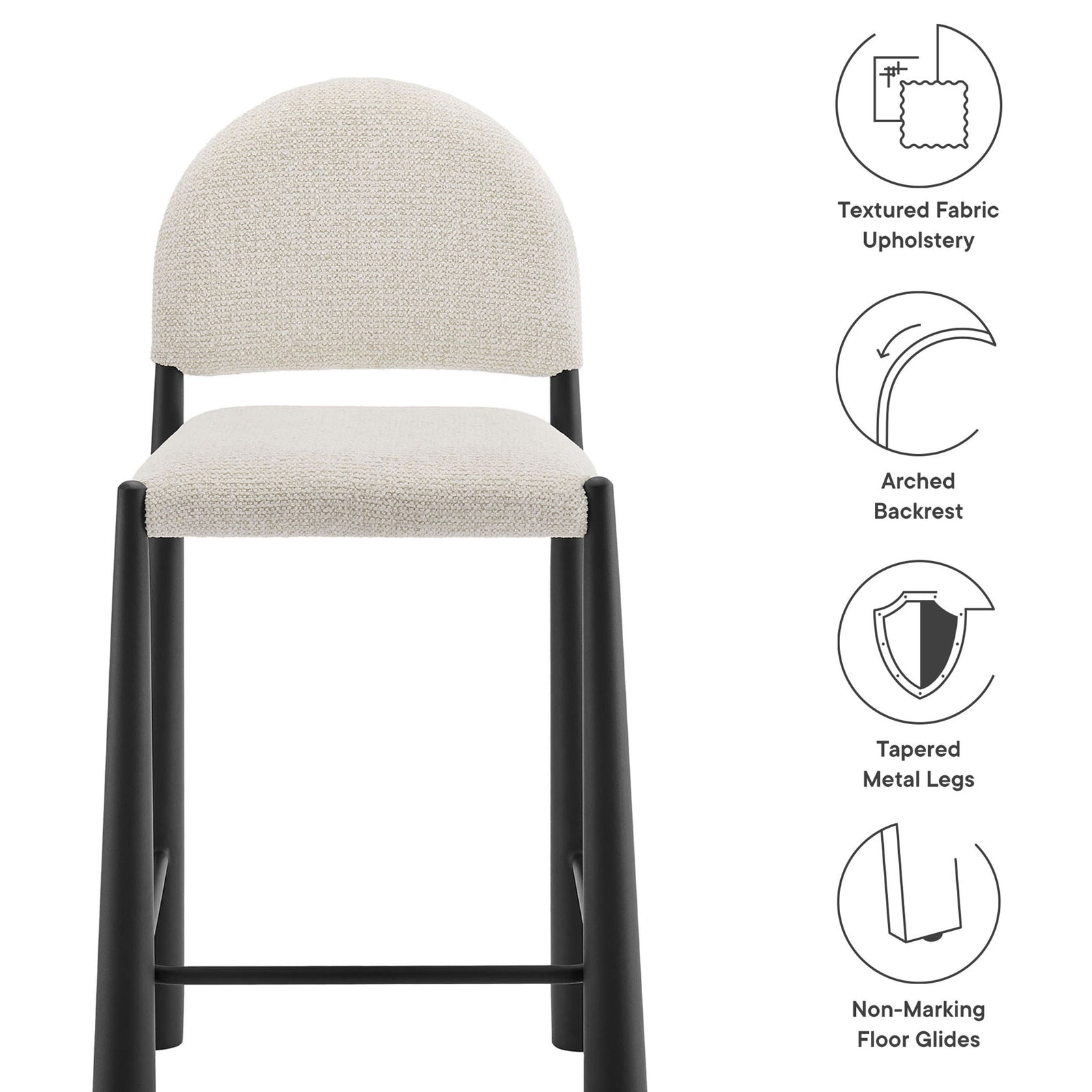 Key features include textured fabric, arched back, tapered metal legs, and non-marking floor glides || EEI-7221-BLK-CRE || callout_studio