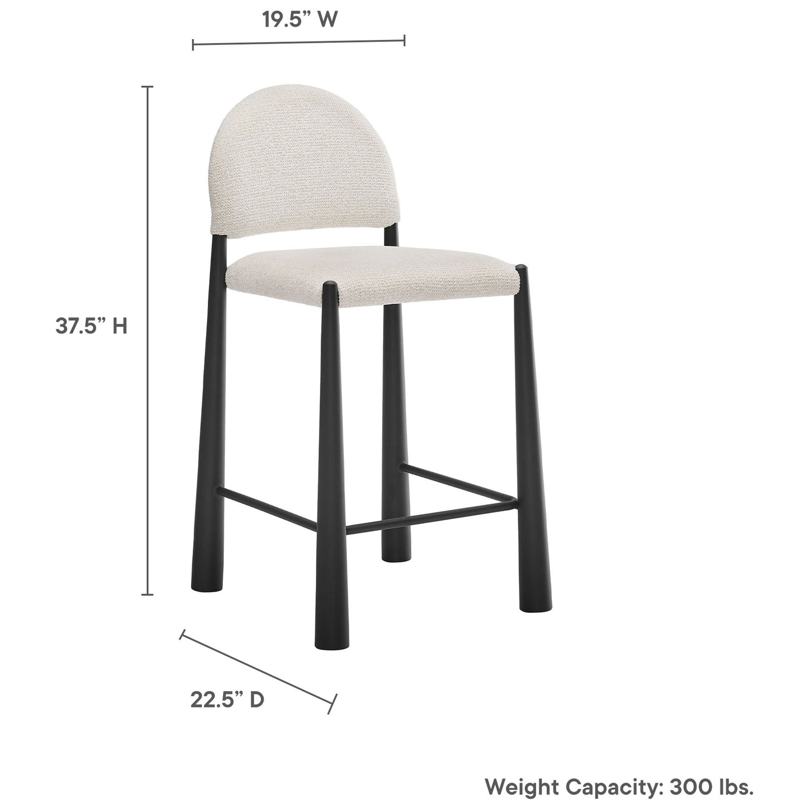 Overall dimensions and 300 lb weight capacity shown for counter-height seating fit || EEI-7221-BLK-CRE || dimension_studio