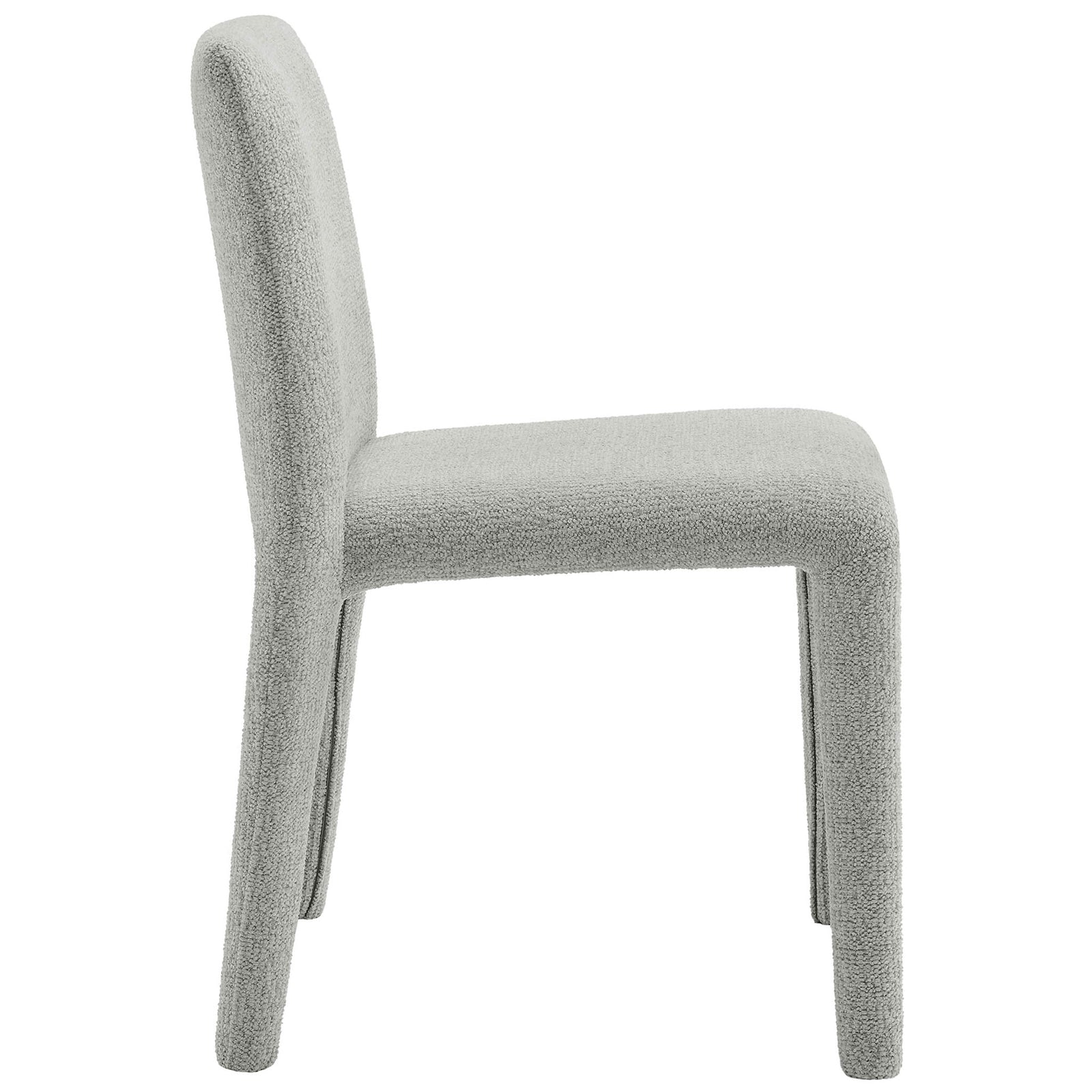 Slim dove gray upholstered dining chair showing the gently padded seat and comfortable upright back. || EEI-7222-DOV || side_studio