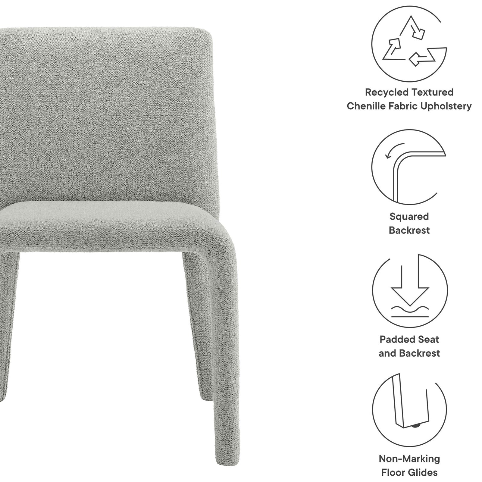 Rhodes dining chair details with recycled textured chenille, squared back, padded comfort, and floor-friendly glides. || EEI-7222-DOV || callout_studio
