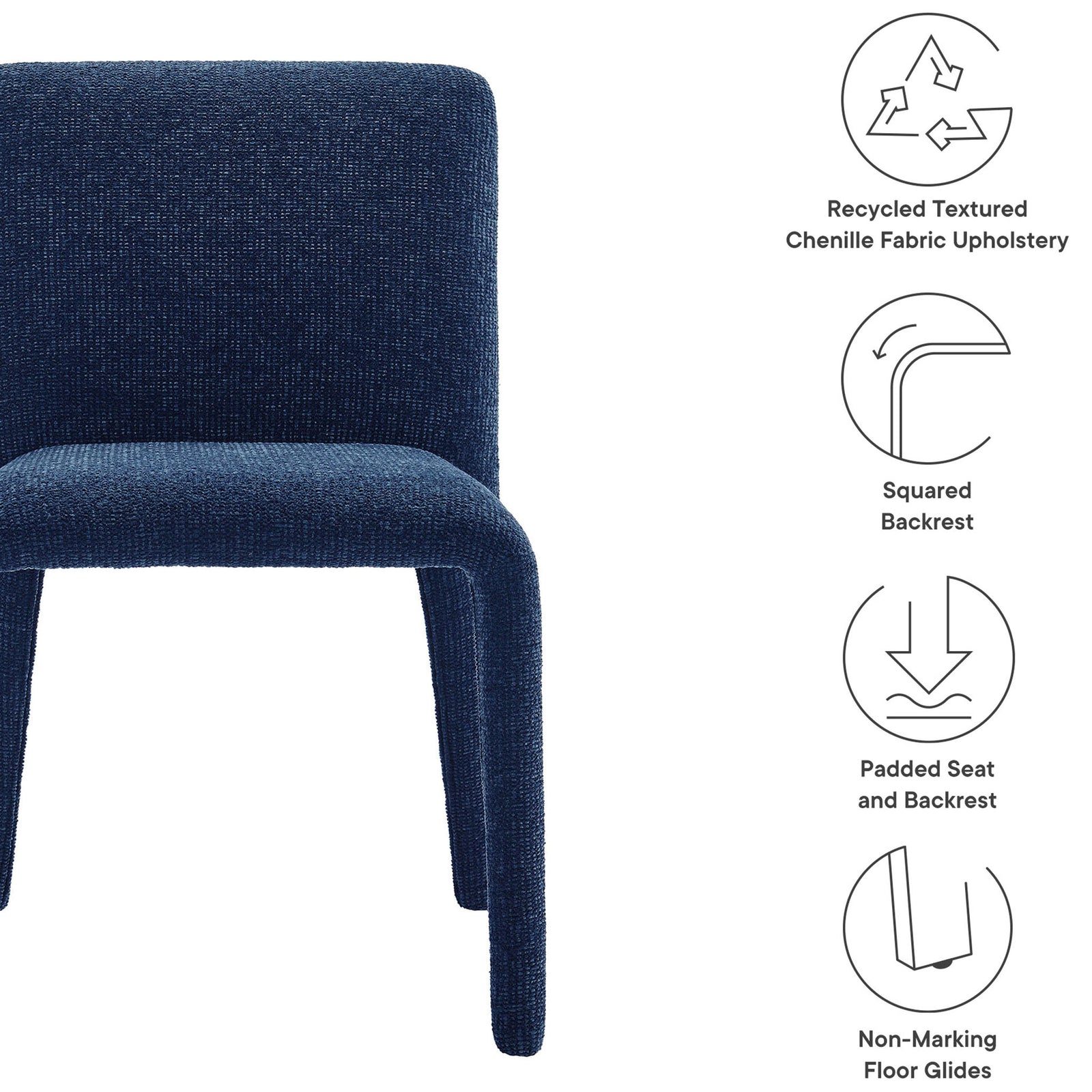 Rhodes navy chenille dining chair with recycled fabric upholstery, padded seat and back, and floor-safe glides. || EEI-7222-NAV || callout_studio