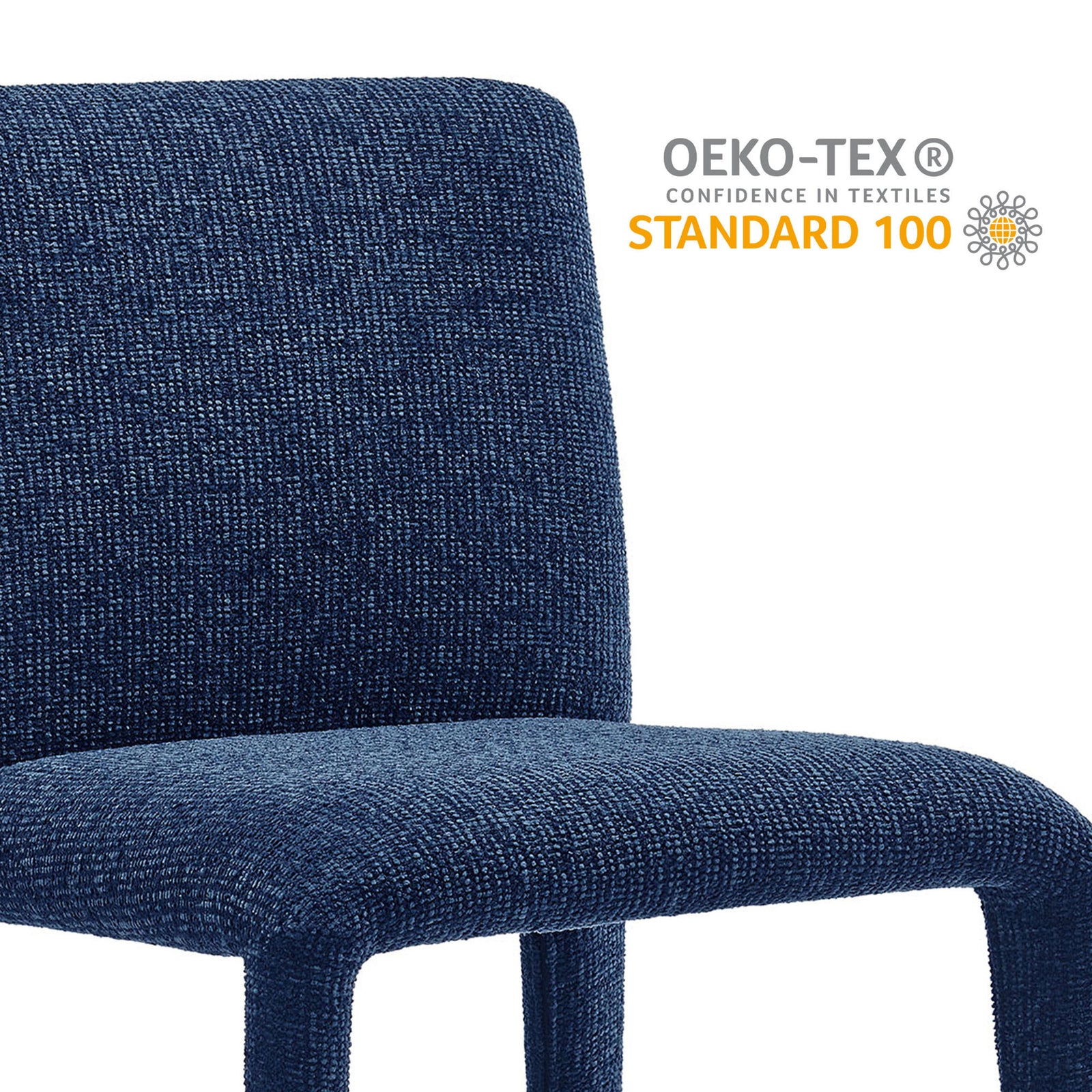OEKO-TEX certified navy chenille upholstery on the Rhodes dining chair for safe, comfortable everyday seating. || EEI-7222-NAV || callout_studio