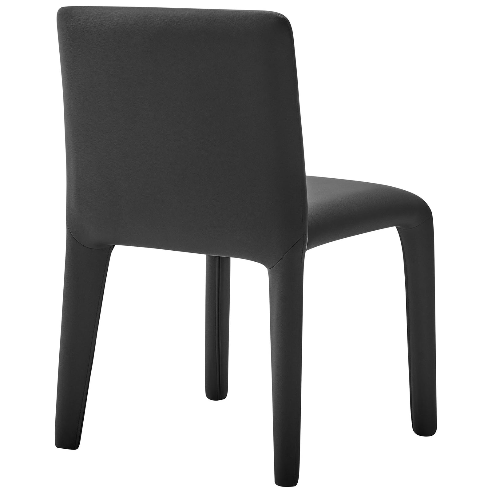Smooth black vegan leather dining chair with clean-lined back and fully upholstered frame || EEI-7223-BLK || back_angle_studio