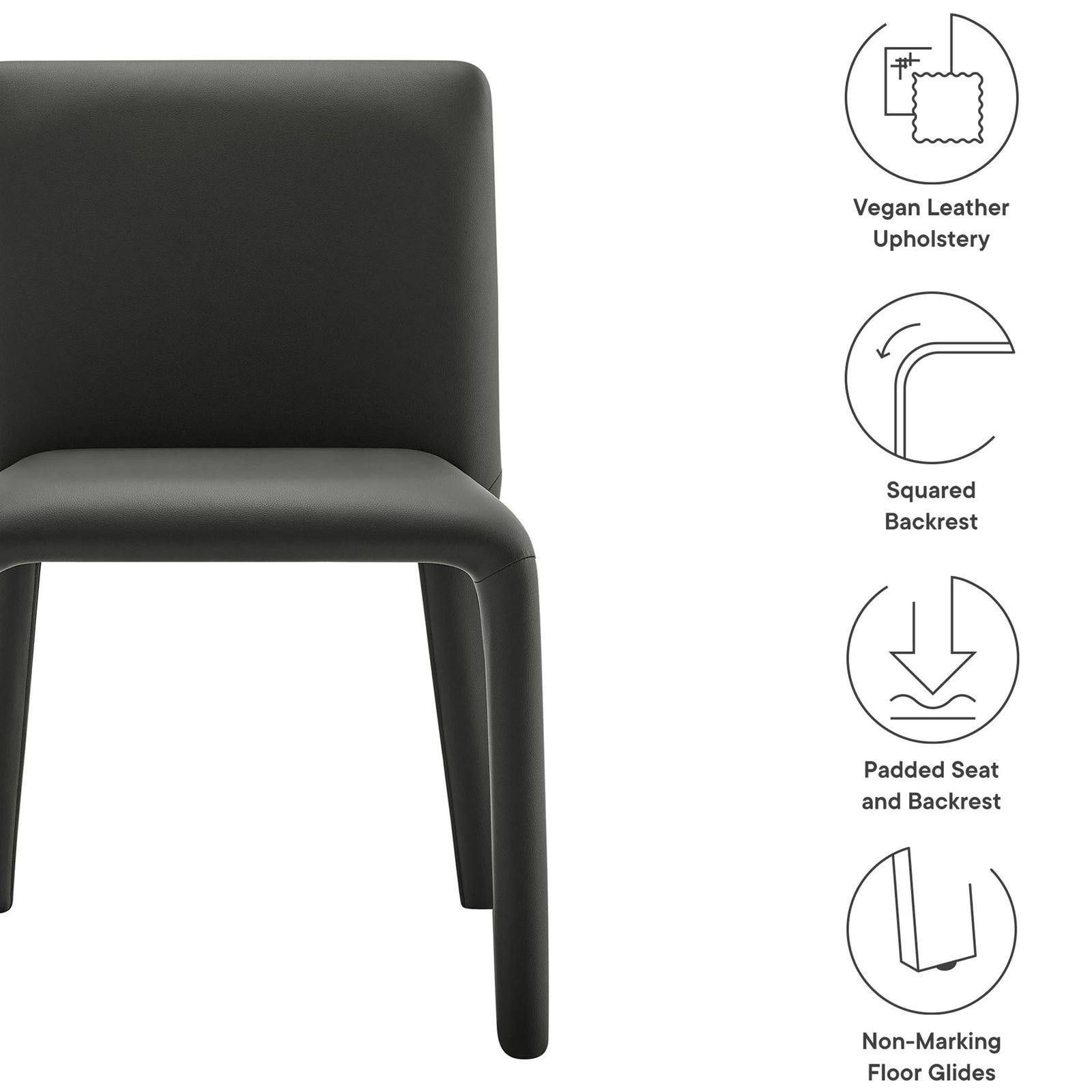 Black vegan leather dining chair with icons highlighting soft upholstery, squared backrest, and padded comfort || EEI-7223-BLK || callout_studio