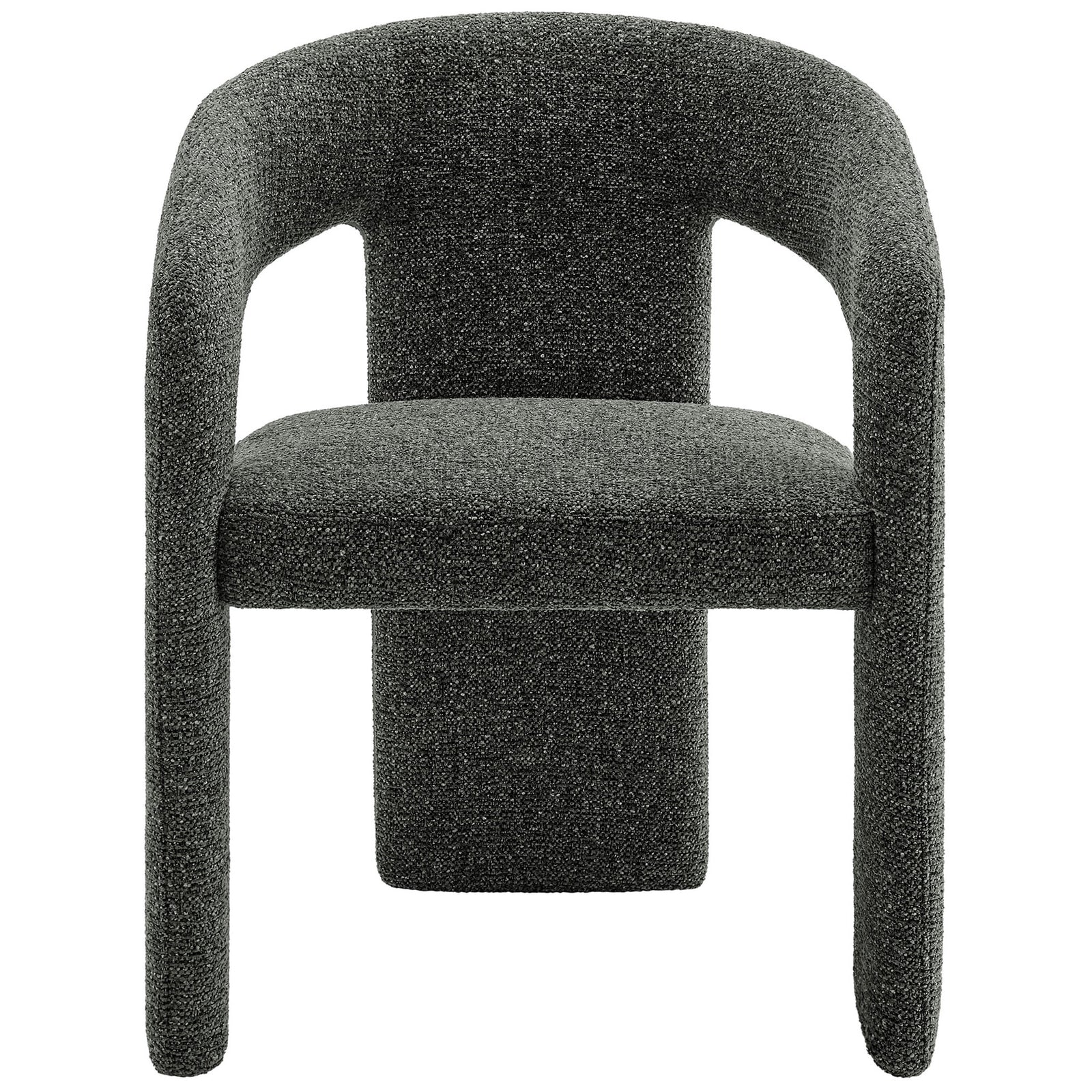 Curved barrel-back dining chair in anthracite fabric with plush seat and sculptural three-leg silhouette || EEI-7224-ANT || front_studio