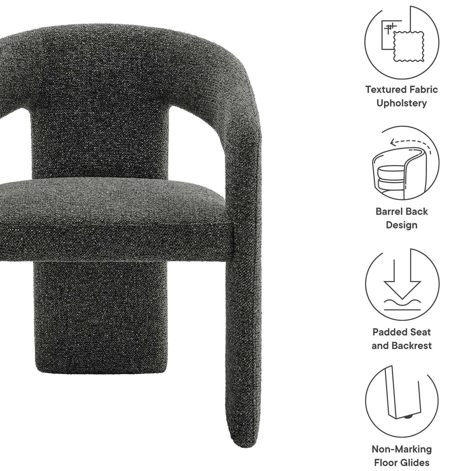 Oslo barrel dining chair with textured upholstery, padded seat and back, and non-marking floor glides || EEI-7224-ANT || callout_studio