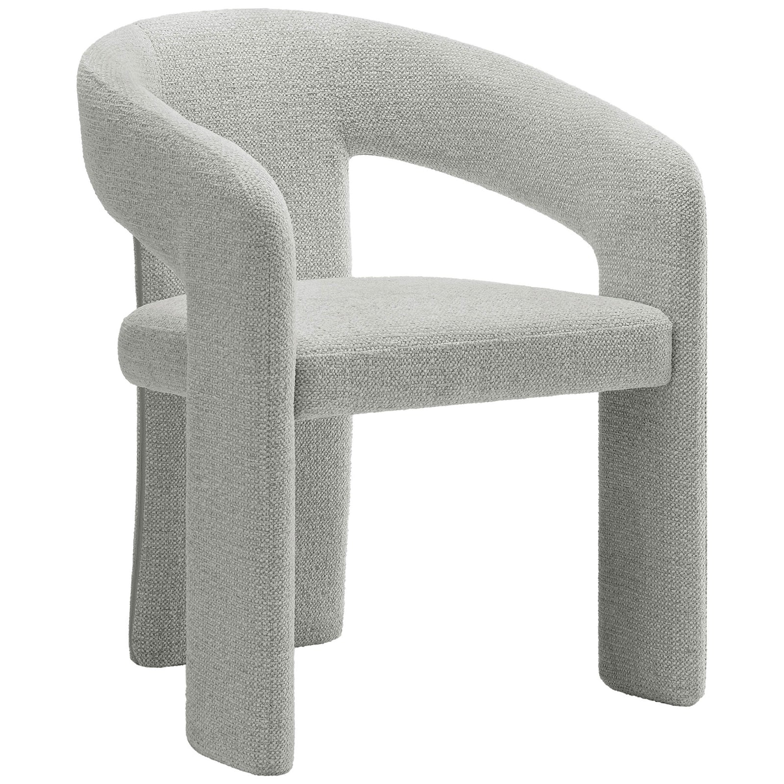 Oslo barrel dining chair in dove gray with open back and sculpted three leg silhouette || EEI-7224-DOV || front_angle_studio
