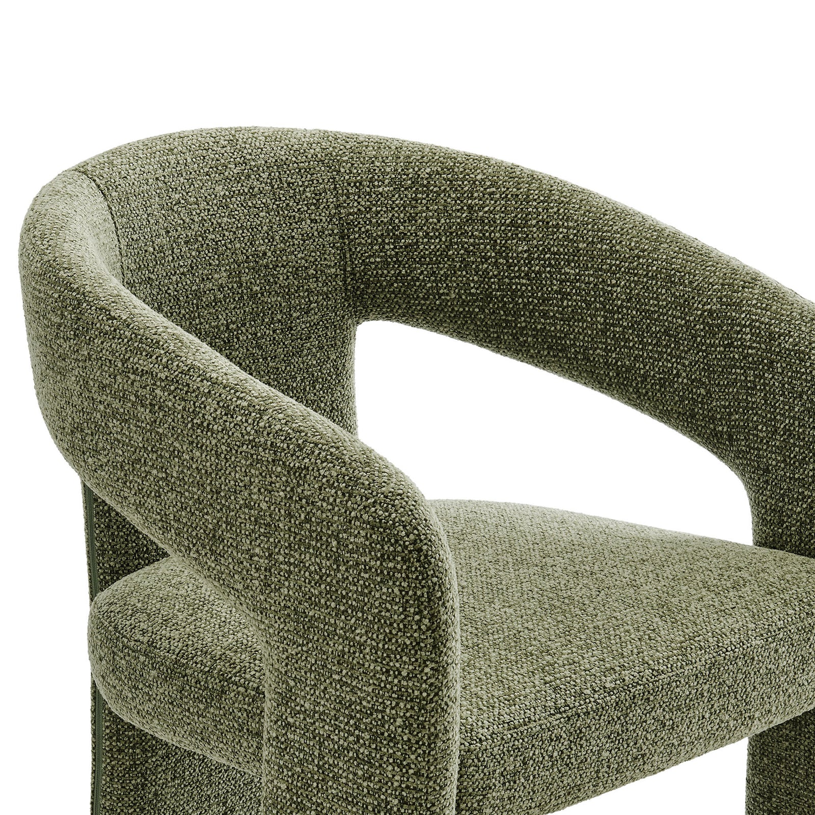 Curved backrest and seat detail highlighting the textured leaf green upholstery and plush foam cushioning || EEI-7224-LEA || detail_studio