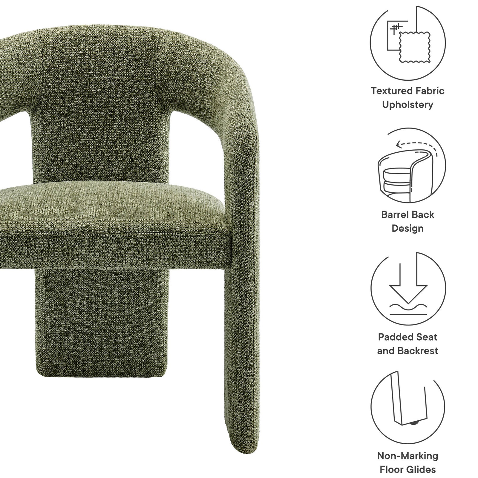 Leaf green barrel dining chair with feature icons for textured upholstery, padded comfort, and non-marking glides || EEI-7224-LEA || callout_studio