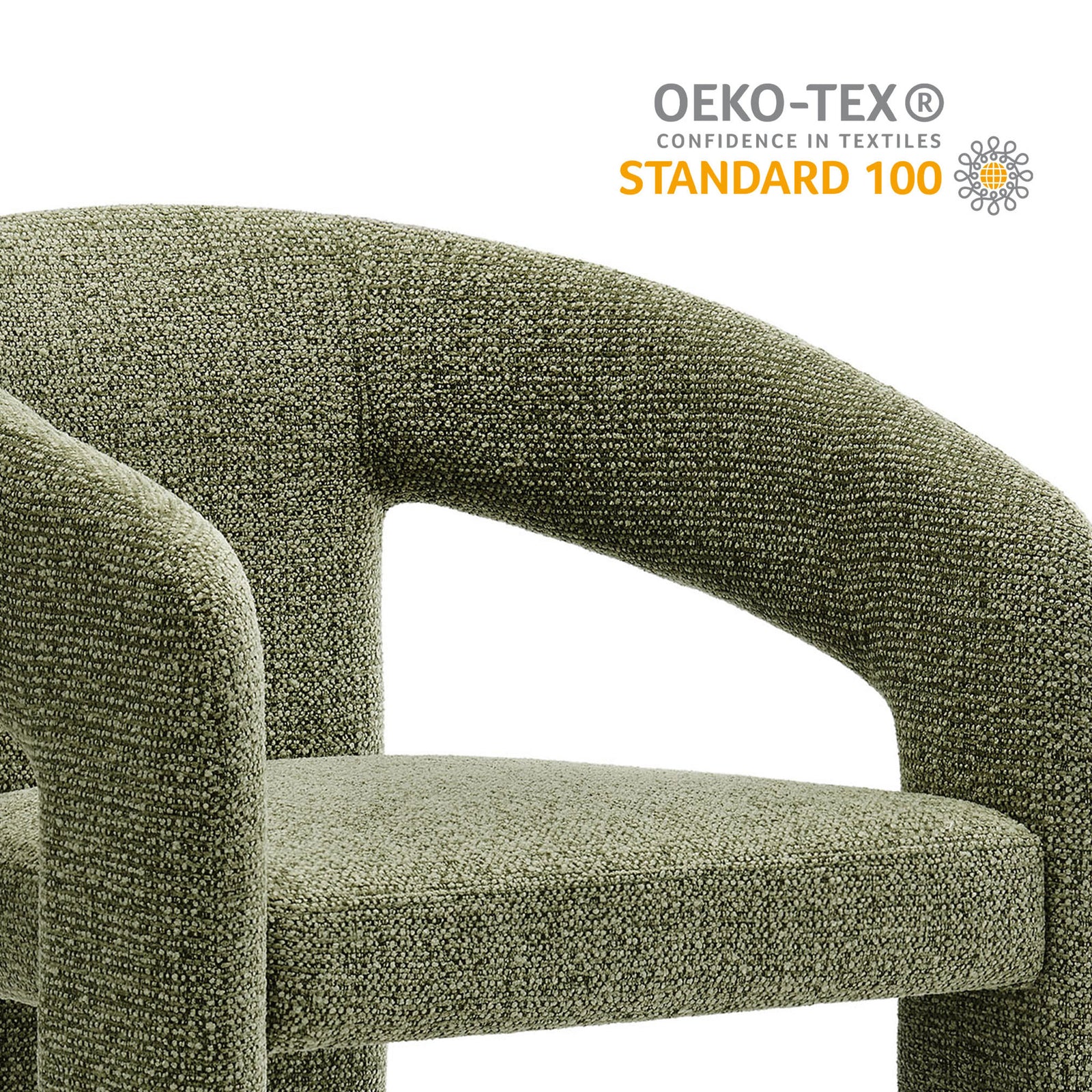 Leaf green upholstered dining chair beside Oeko-Tex Standard 100 badge emphasizing certified, safe fabric || EEI-7224-LEA || callout_studio