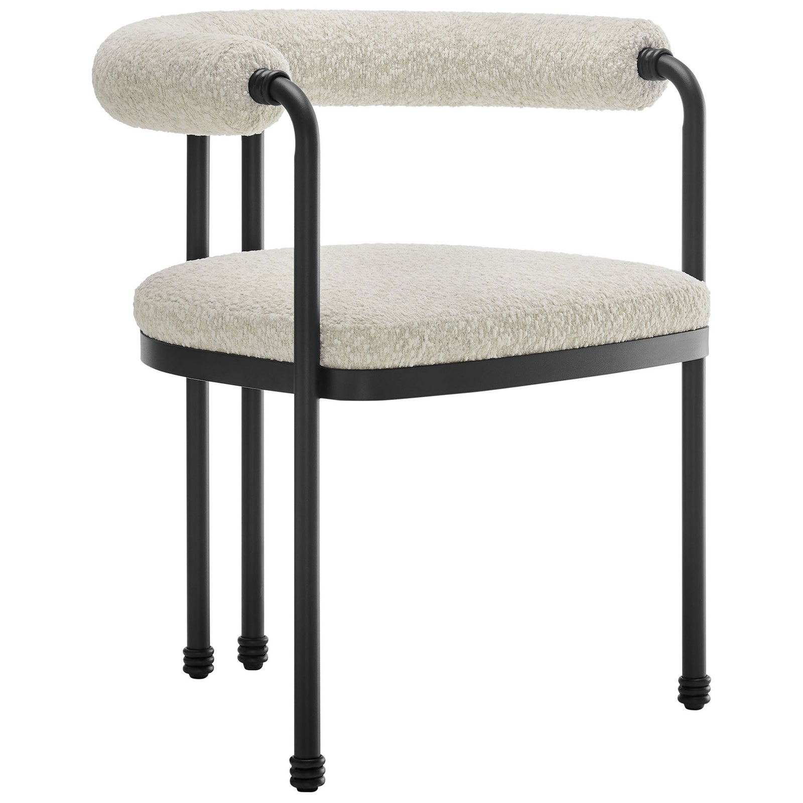 Modern boucle dining chair with open curved back and slim black metal legs for sculptural style || EEI-7225-BLK-PRL || front_angle_studio