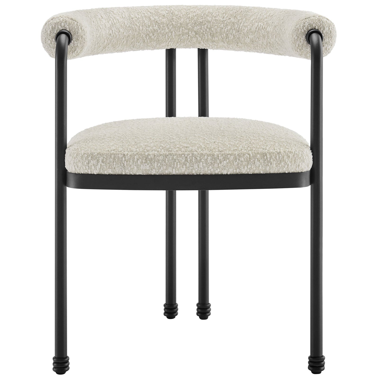 Curved boucle dining chair with plush seat, rolled barrel back, and black metal frame || EEI-7225-BLK-PRL || front_studio