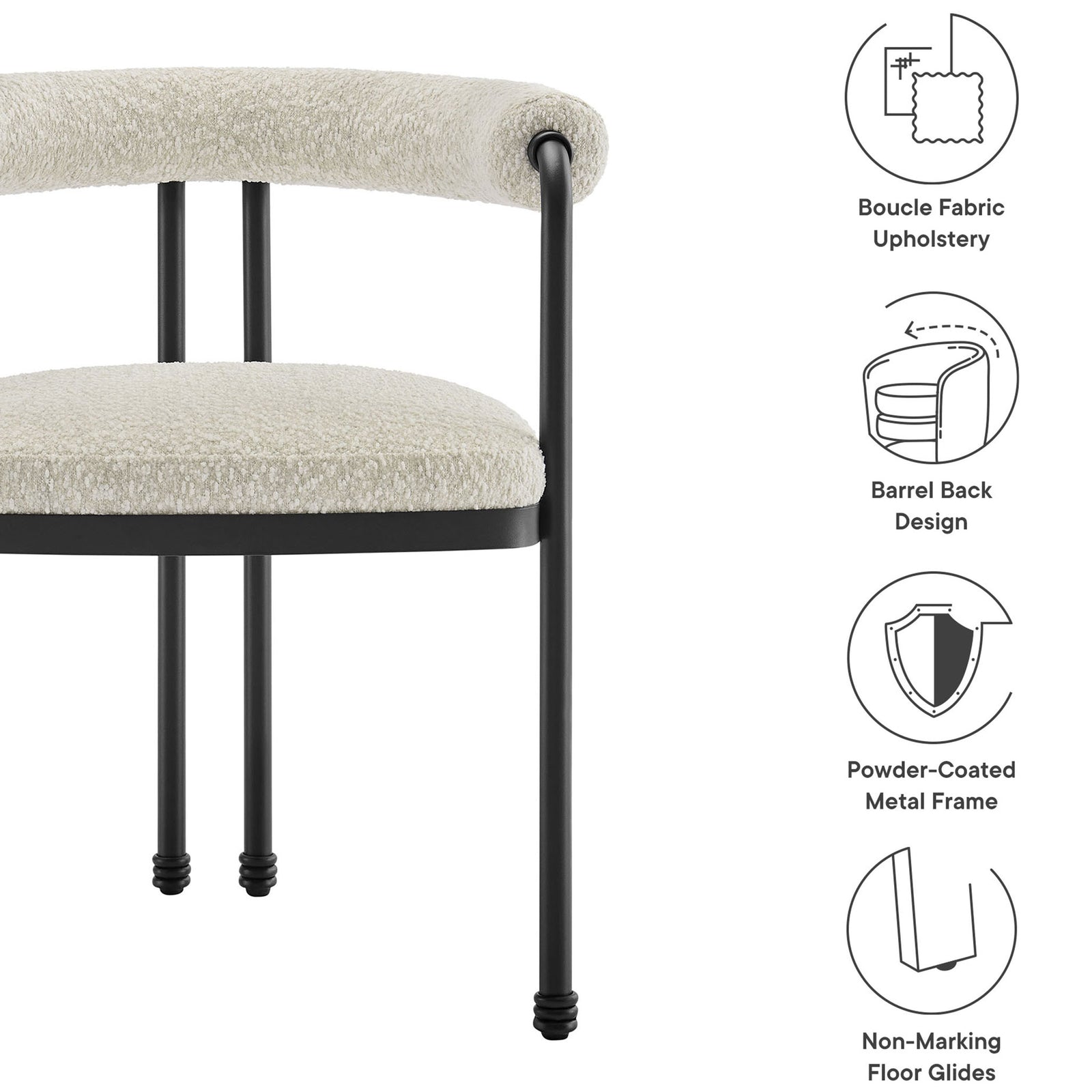 Feature graphic highlighting boucle upholstery, barrel back design, metal frame, and floor glides || EEI-7225-BLK-PRL || callout_studio