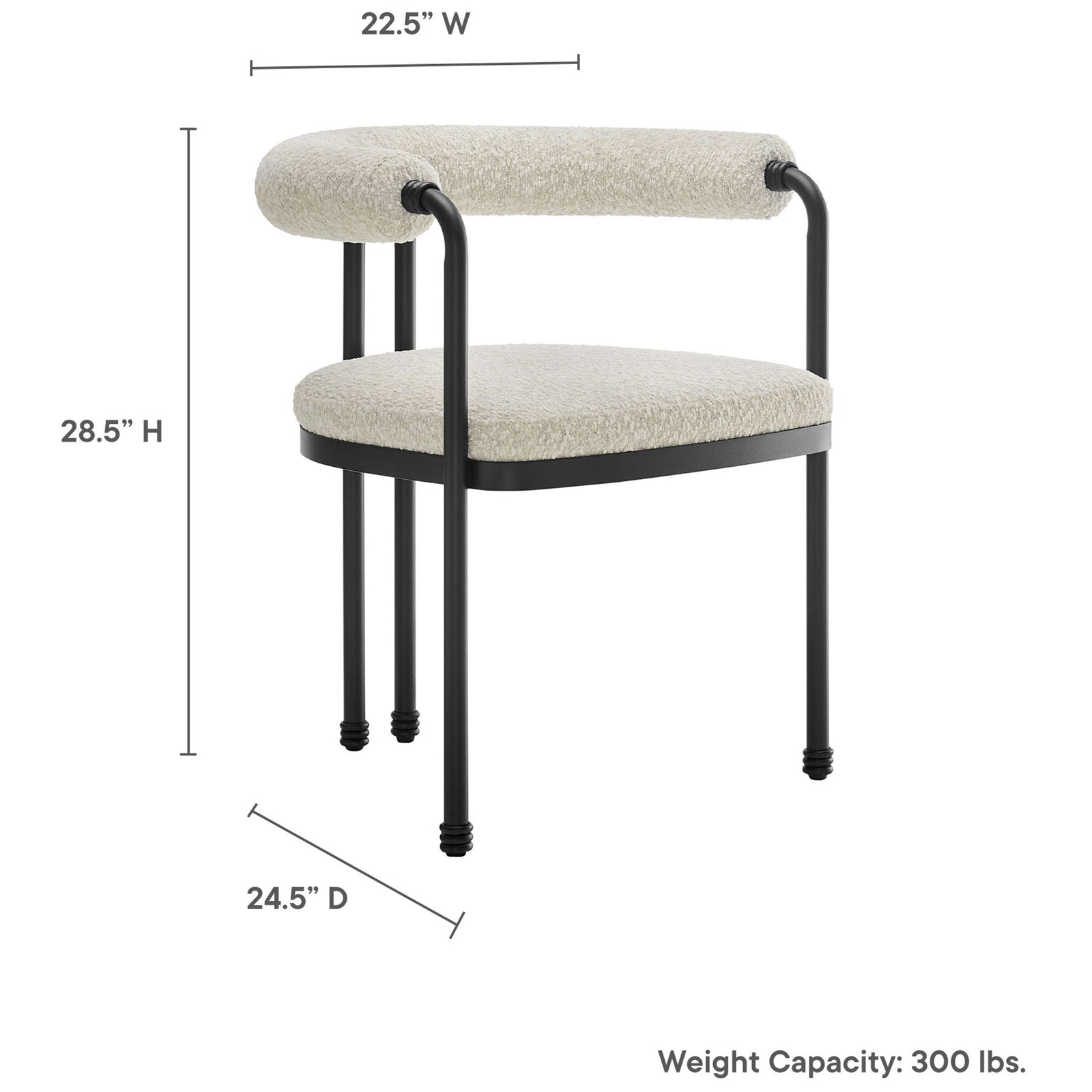 Dimension graphic for the curved boucle dining chair showing height, width, depth, and 300 lb capacity || EEI-7225-BLK-PRL || dimension_studio