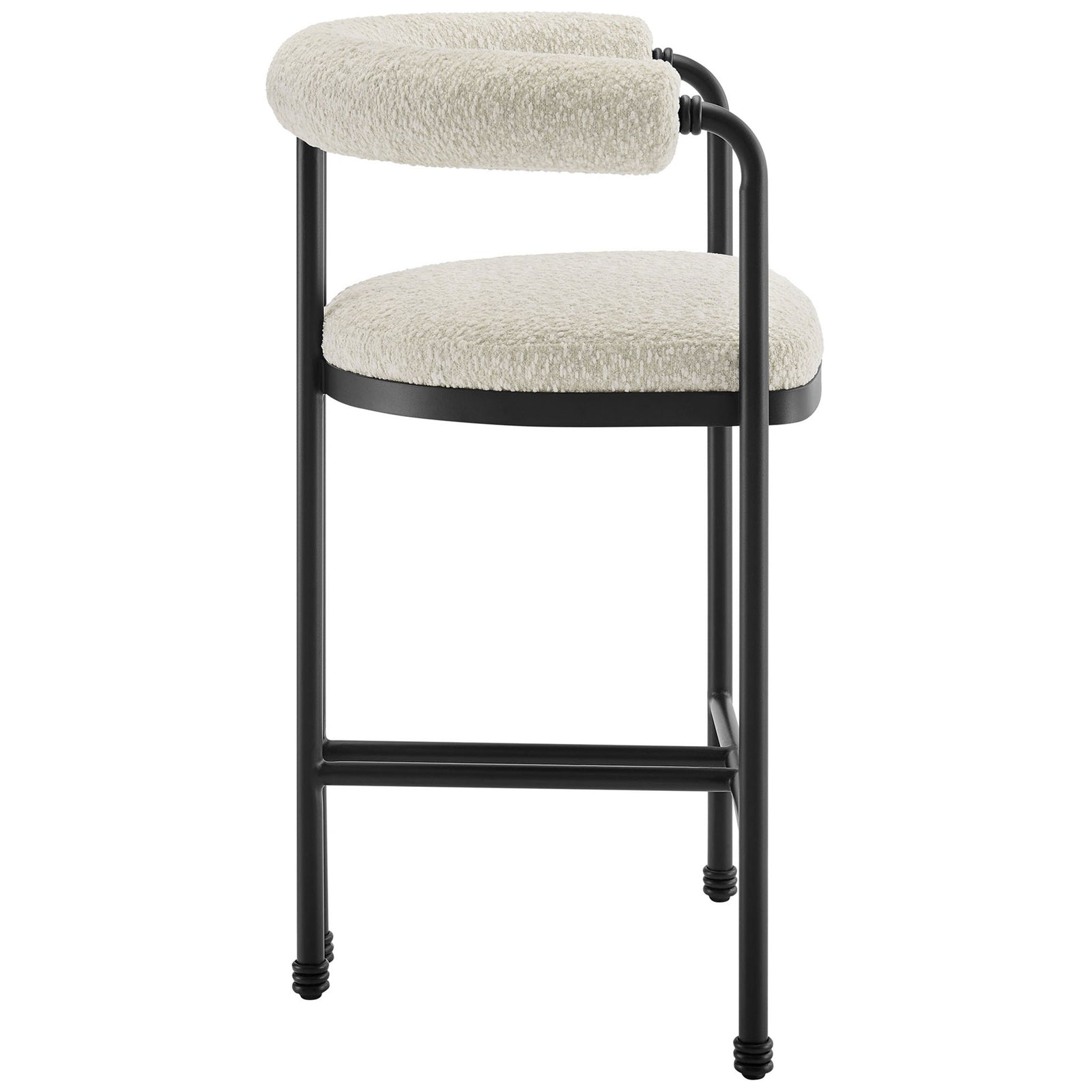 Curved wraparound back showcases plush boucle atop a matte black metal base || EEI-7226-BLK-PRL || side_studio