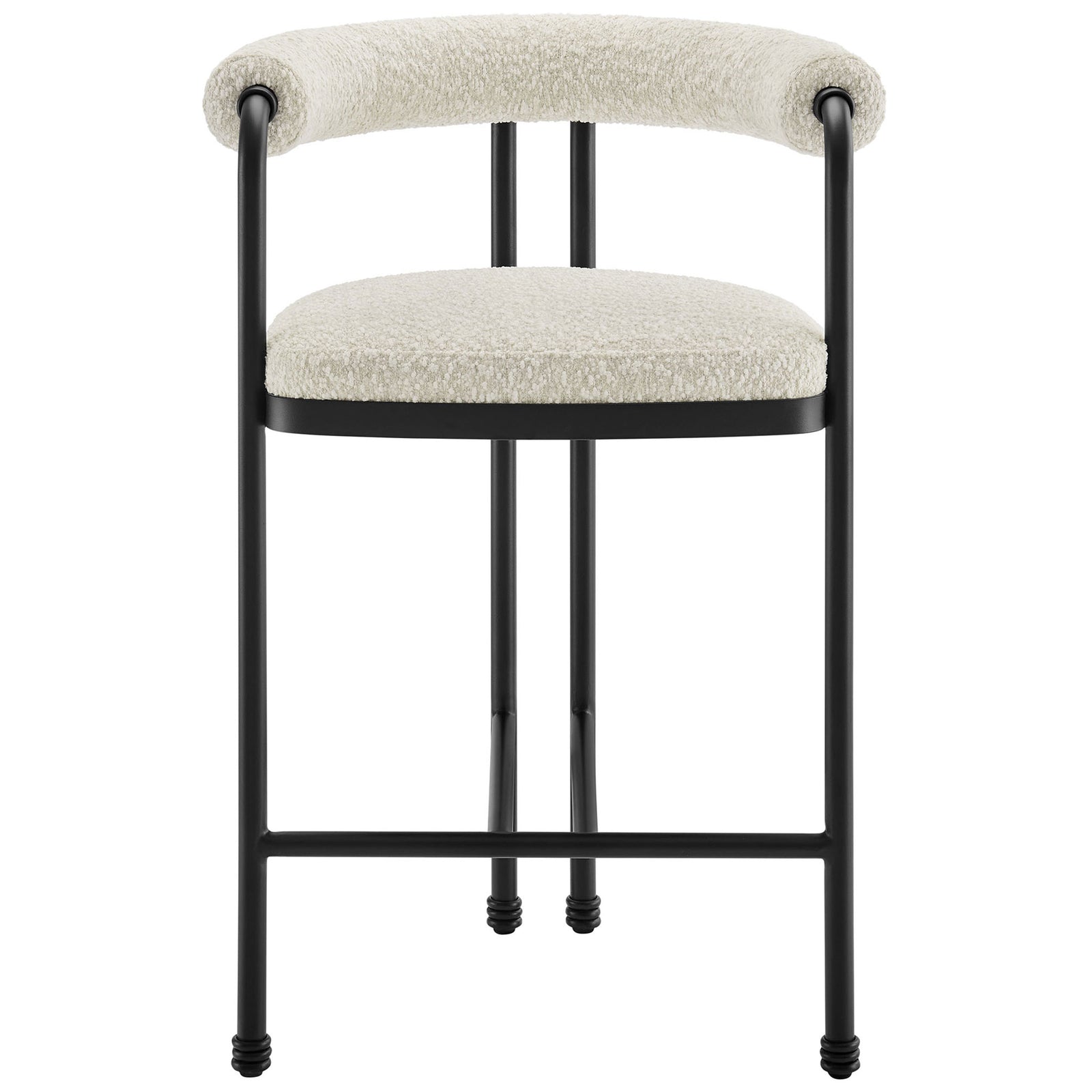 Boucle-upholstered counter stool with rolled open back and black powder-coated metal frame || EEI-7226-BLK-PRL || front_studio