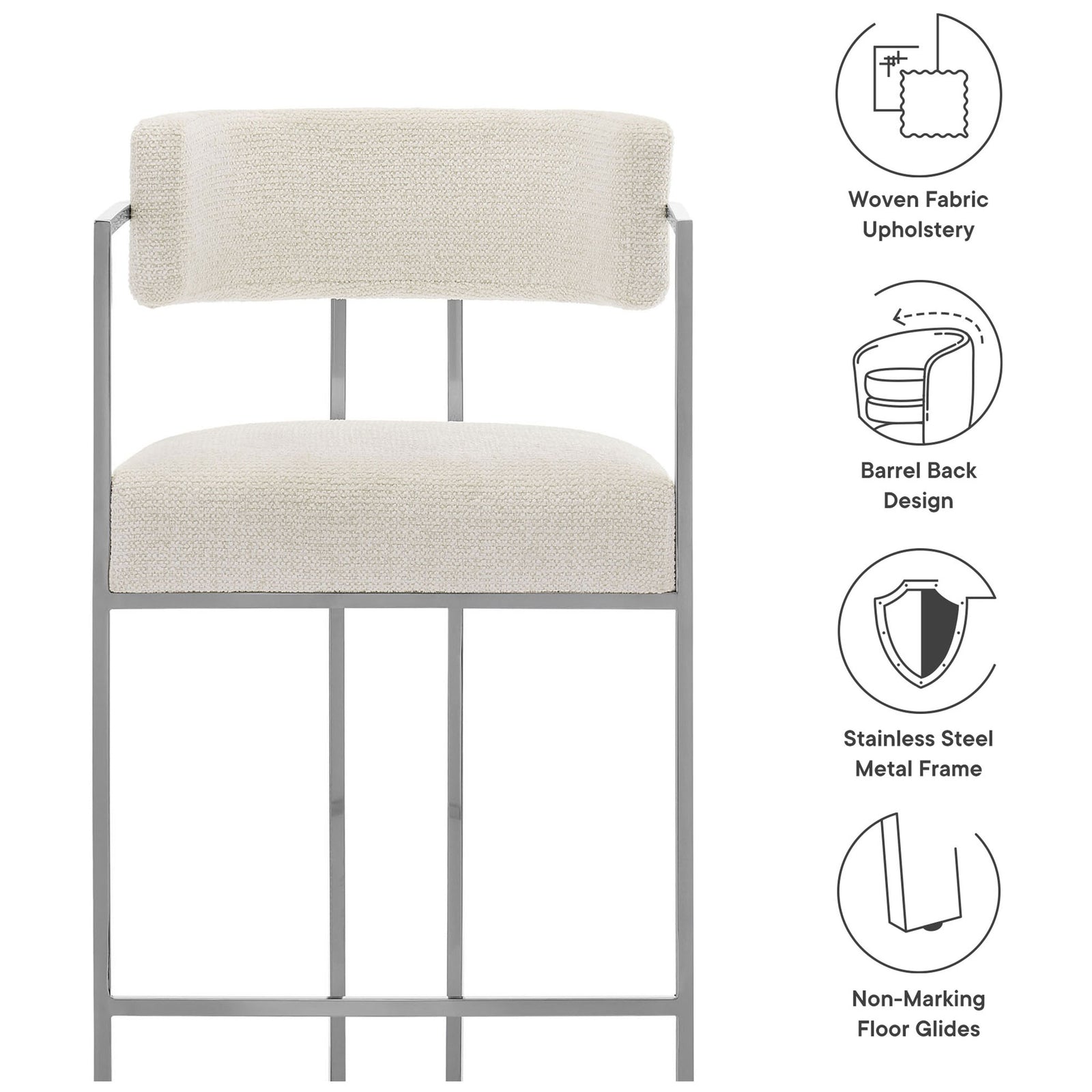 Key features include woven fabric, barrel back design, stainless steel frame, and non-marking glides. || EEI-7227-SLV-CRE || callout_studio