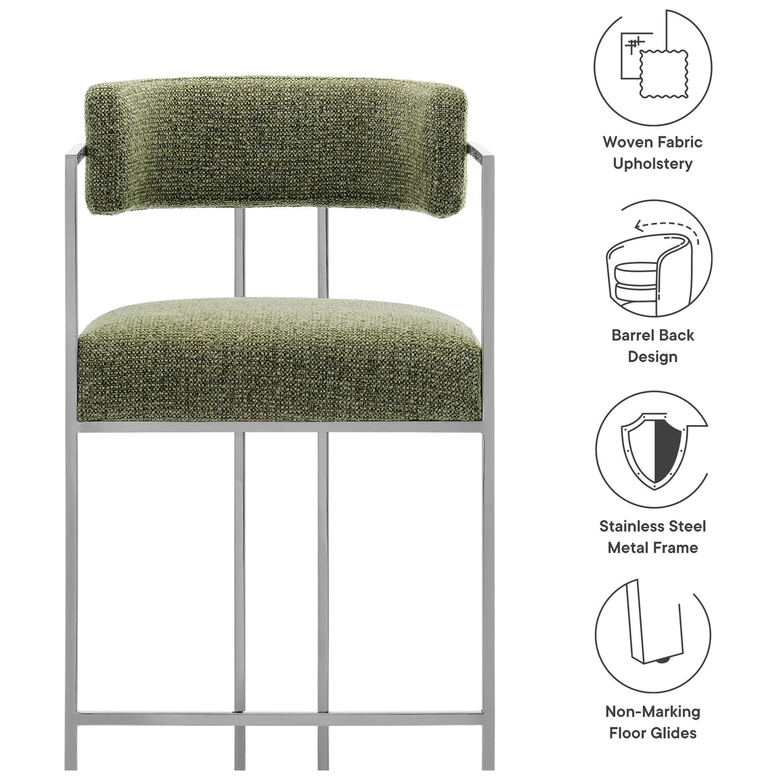 Key features include woven fabric upholstery, barrel back design, stainless steel frame, and floor glides || EEI-7227-SLV-LEA || callout_studio